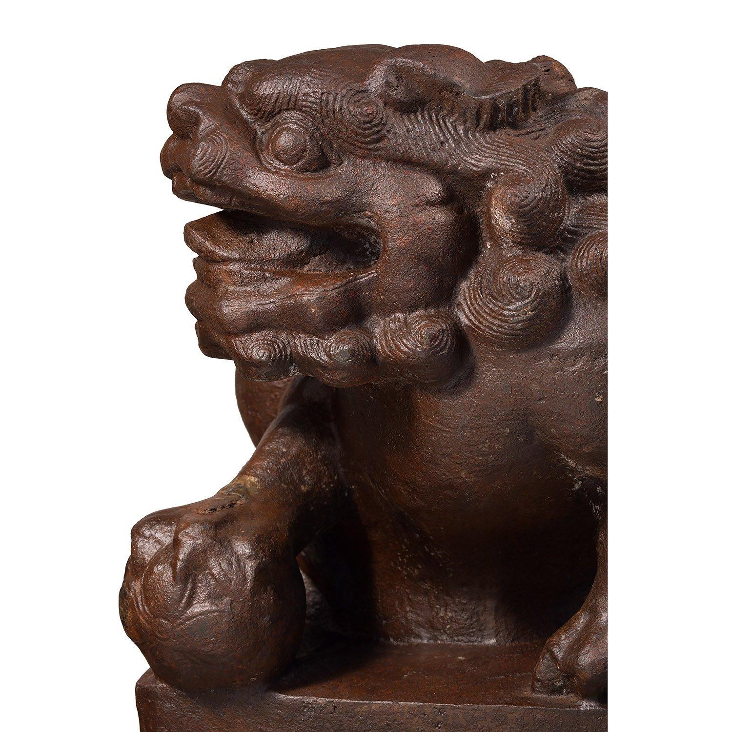 20th Century Large Pair of Chinese Cast Iron Guardian Lions For Sale 4