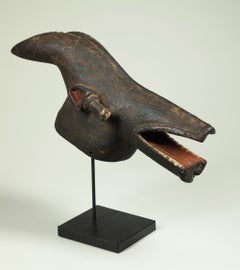Mambilla Carved Wood Animal Mask with Two Horns, Projecting Eyes Open Mouth