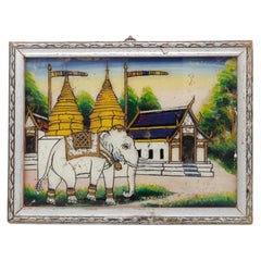 Vintage Northern Thai Glass Painting of Twin Golden Buddhist Chedis and Elephant