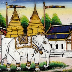 Vintage Northern Thai Glass Painting of Twin Golden Buddhist Chedis and Elephant