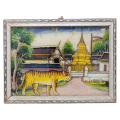 Vintage Northern Thai Reverse Glass Painting of a Golden Chedi and a Tiger