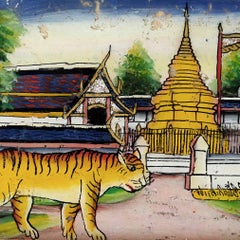 Vintage Northern Thai Reverse Glass Painting of a Golden Chedi and a Tiger