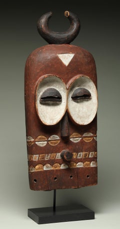 Old Bembe Congo Carved Wood Mask with Horns Red and White Mask Owl Eyes DRC