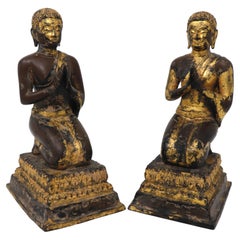 A Small Pair of Antique Thai Gilt Bronze Figures of Kneeling Buddhist Monks