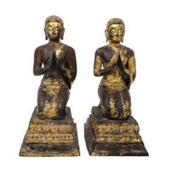 A Small Pair of Antique Thai Gilt Bronze Figures of Kneeling Buddhist Monks