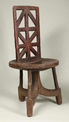 Three Legged Wood Chair Geometric Back Gurage people, Ethiopia Vintage Africa