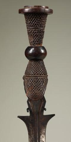 Congo African Iron Sword, on Stand Finely Carved Wood Hilt Leaf Blade