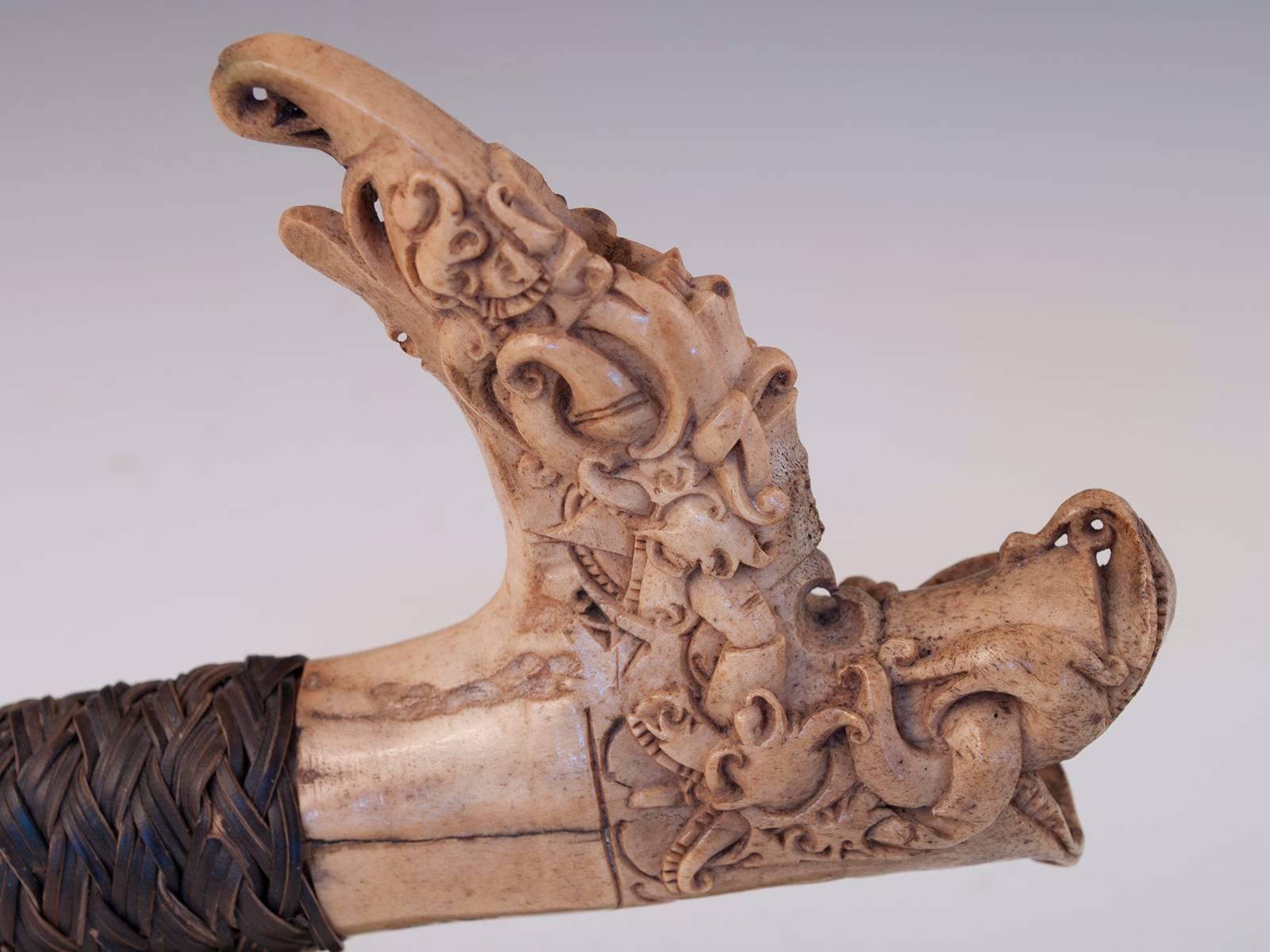Carved Late 19th Century Tribal Bone Mandau Sword Hilt, Borneo, Indonesia