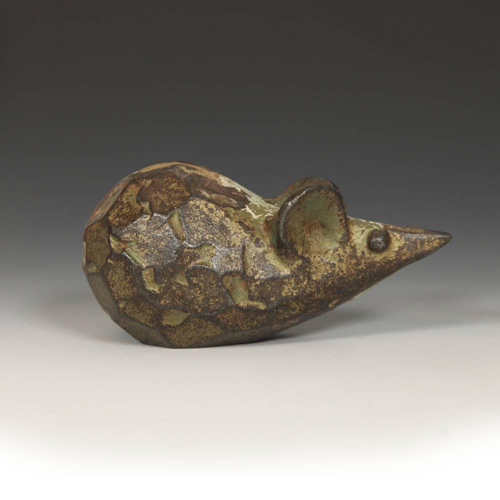 Mid Century Modern Cast Iron Mouse Okimono Sculpture, Japan
Cast iron, remnants of gilding or green and gold paint

Last year, a small group of cast iron animals was found in a burlap bag in a rural peddler's one-room home in Southwest China.
