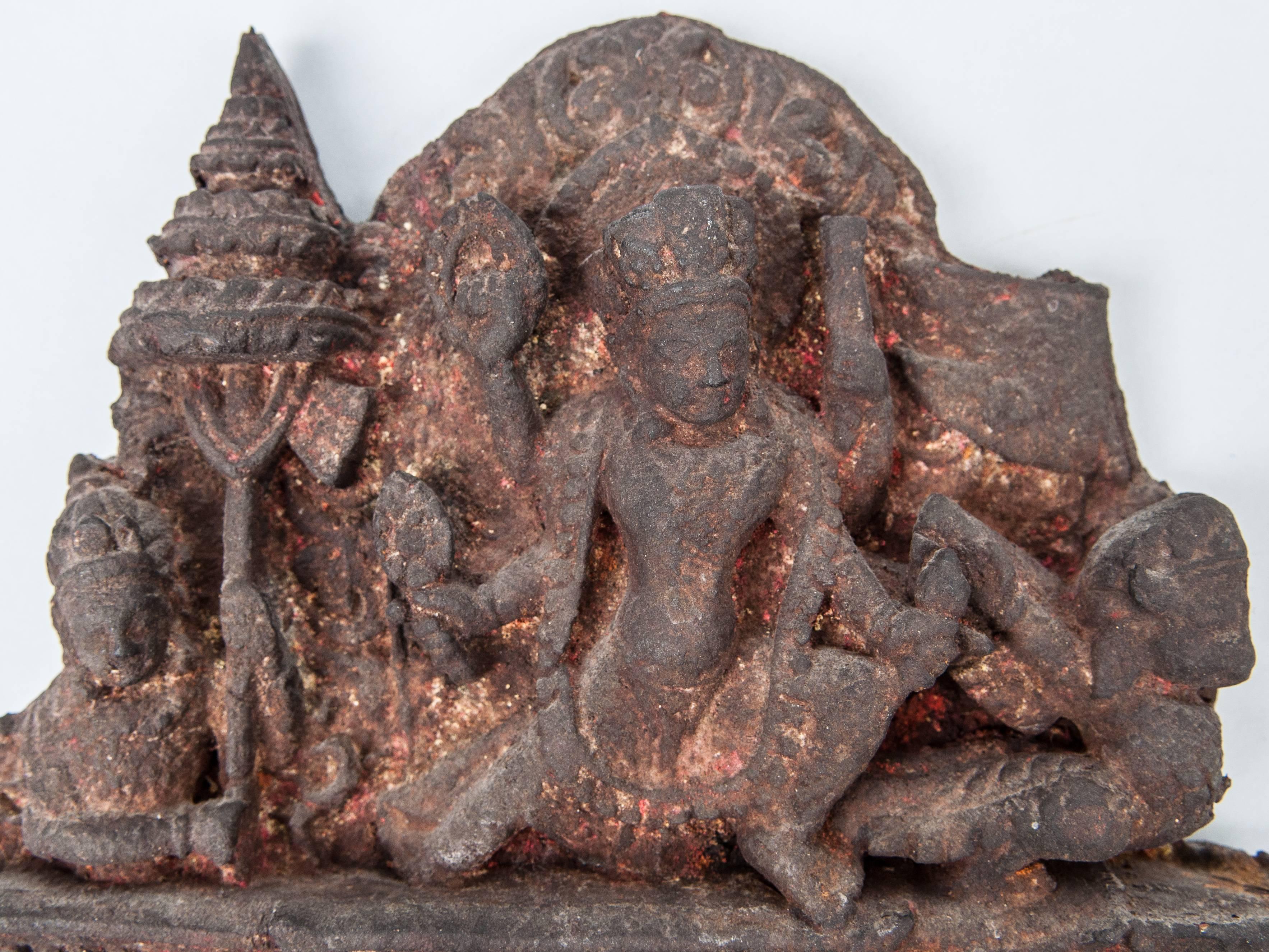 Nepalese Terracotta Votive Plaque from Nepal, Early to Mid-20th Century. On Metal Base.