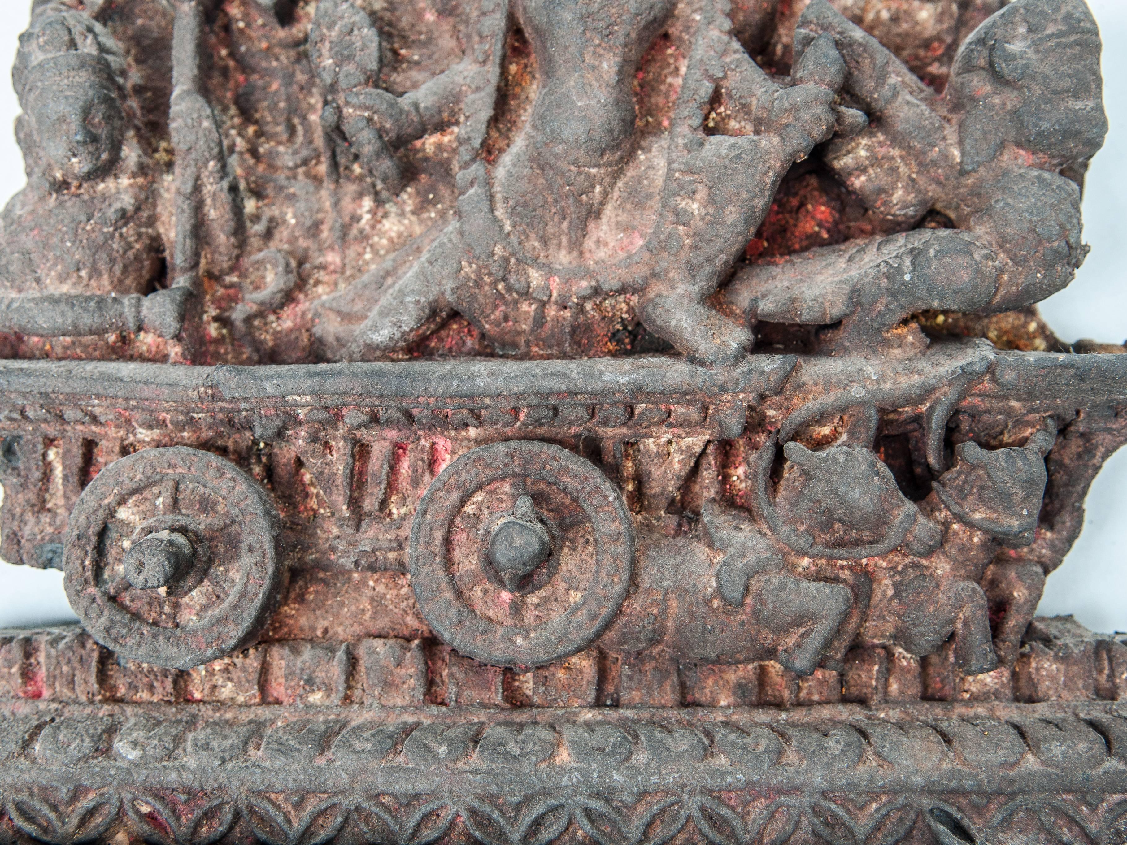 Hand-Crafted Terracotta Votive Plaque from Nepal, Early to Mid-20th Century. On Metal Base.