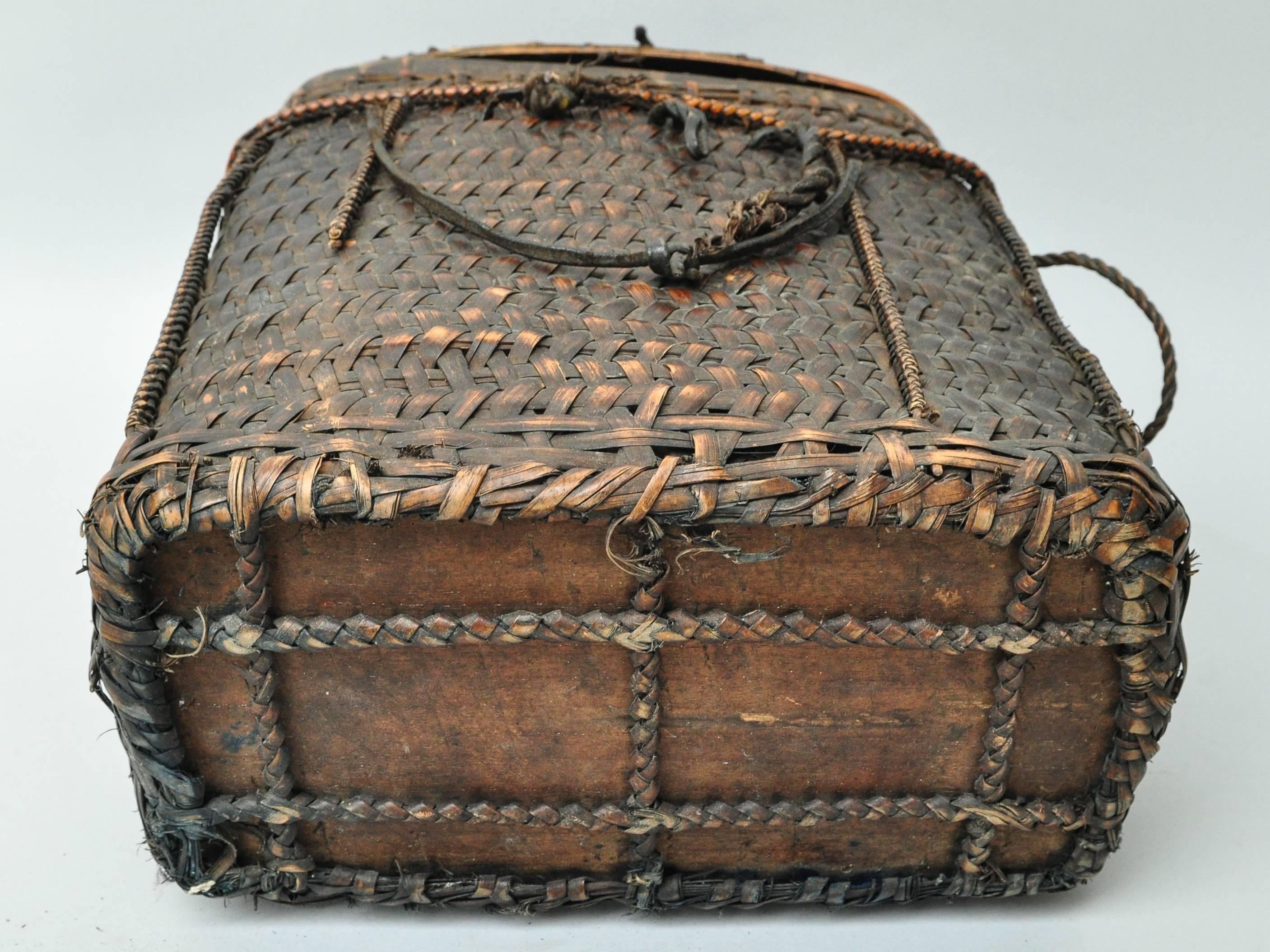 Hand-Crafted Tribal Storage and Carrying Basket with Lid from Bhutan, Mid-Late 20th Century