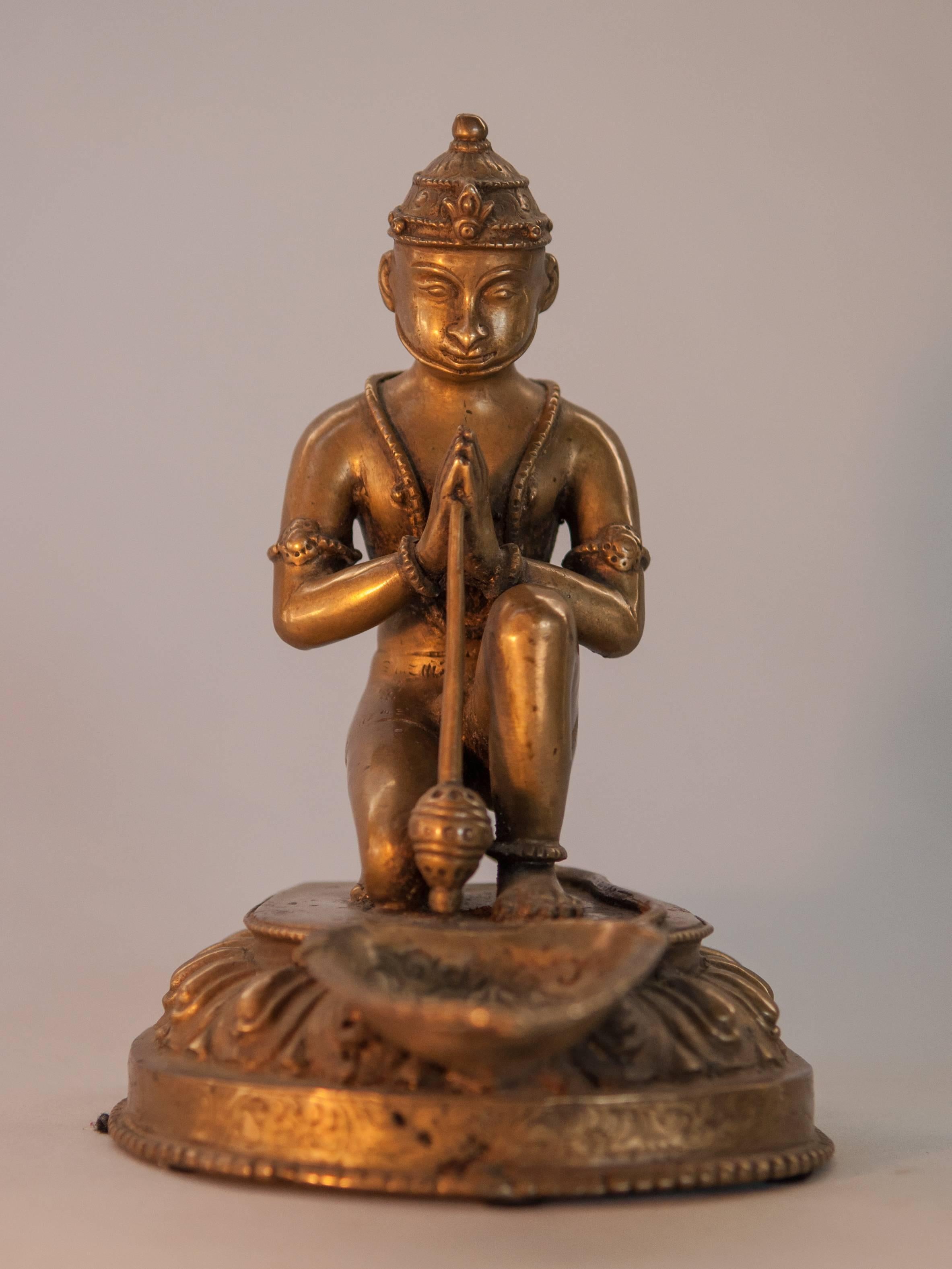 Hand-Crafted Pair of Bronze Hanuman Oil Lamps, Mid-20th Century, Nepal