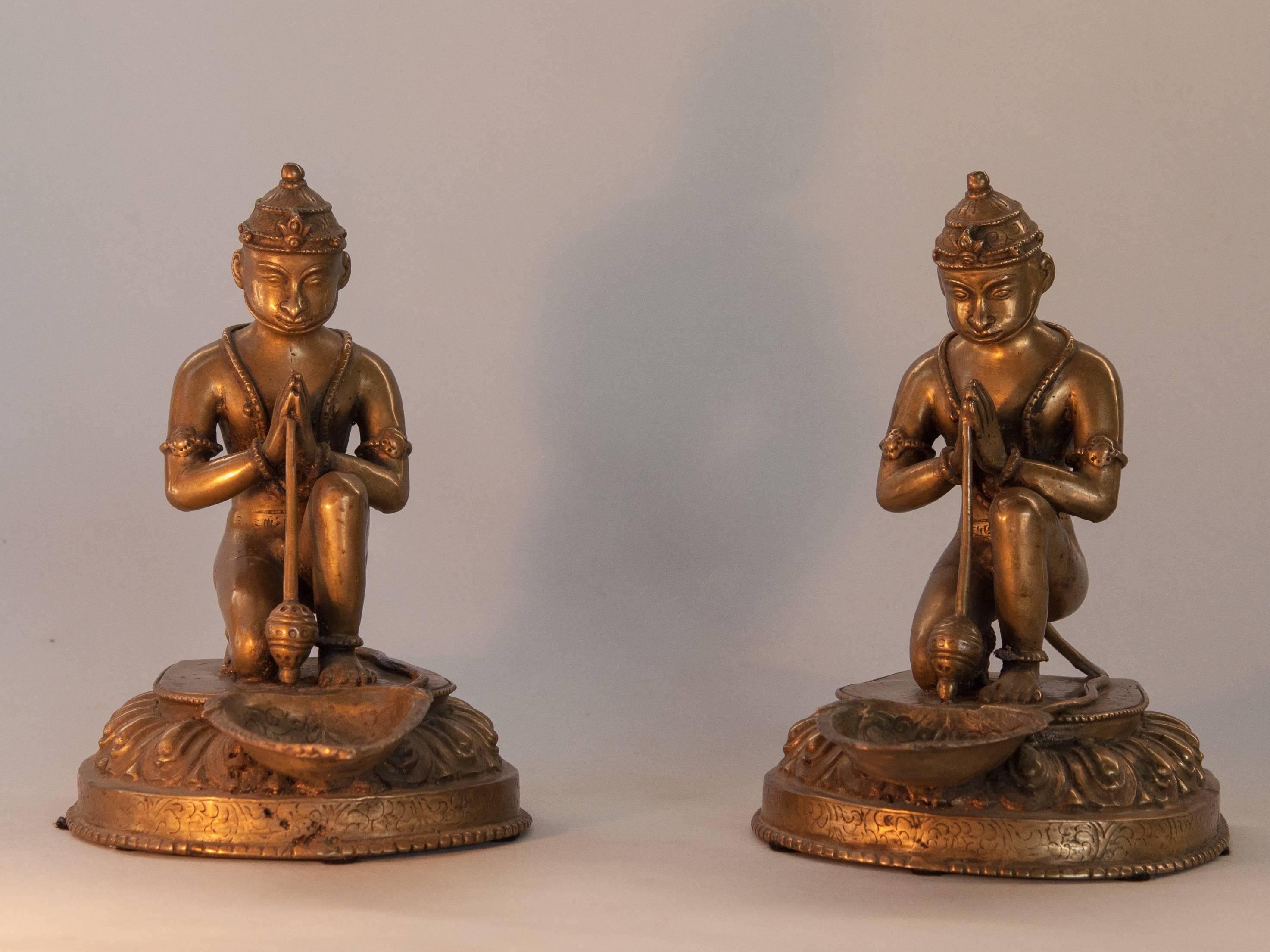 Nepalese Pair of Bronze Hanuman Oil Lamps, Mid-20th Century, Nepal