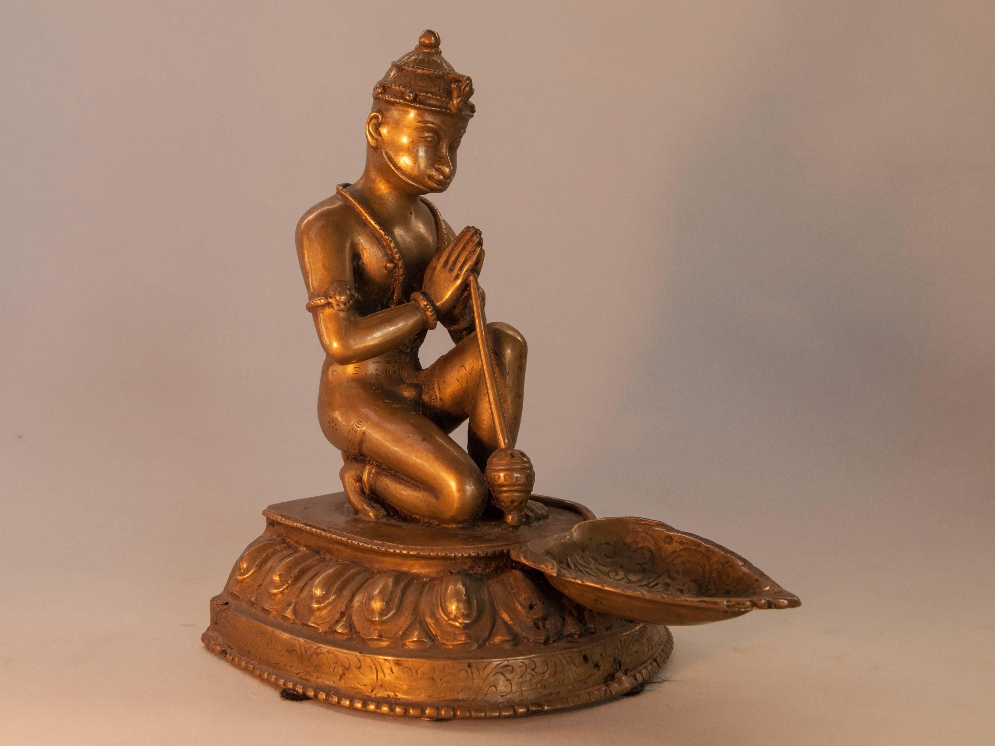 Pair of Bronze Hanuman Oil Lamps, Mid-20th Century, Nepal In Good Condition In Point Richmond, CA