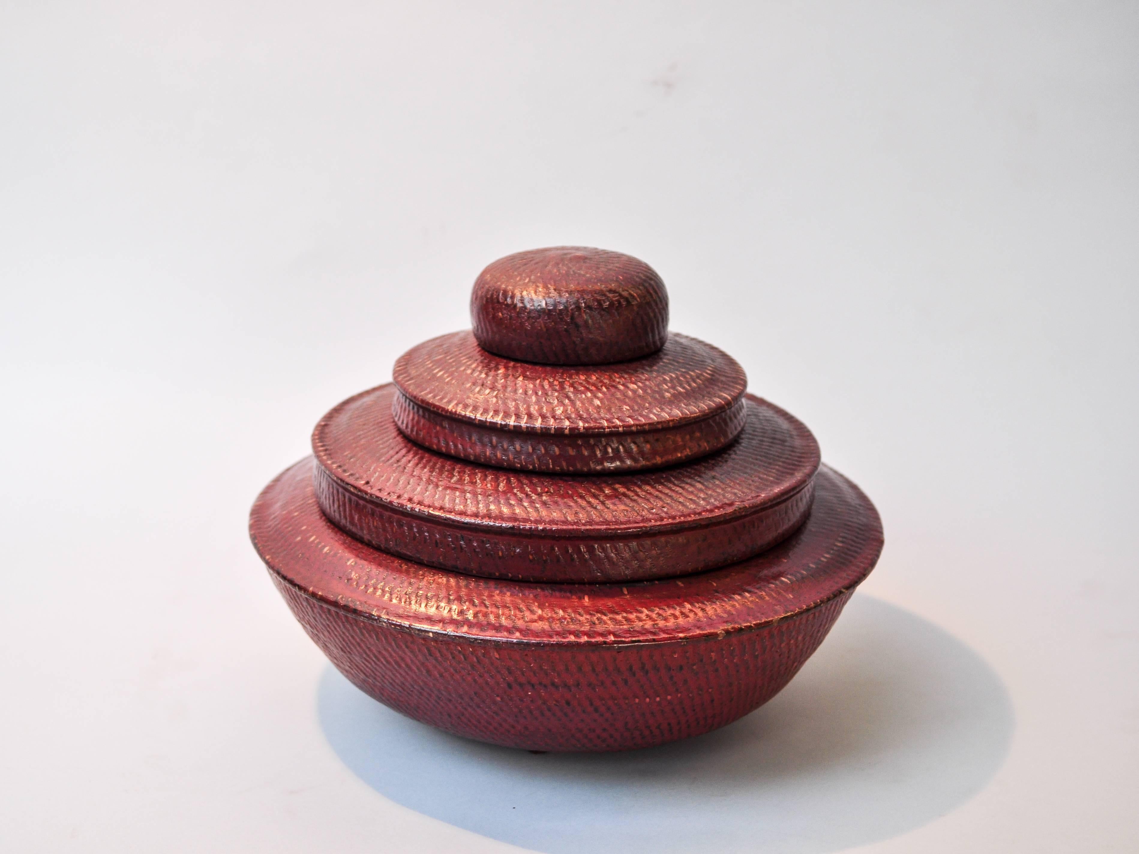 Folk Art Tiered Red Lacquer Offering Vessel, Hsun Gwet, Burma, Mid-20th Century, Rattan