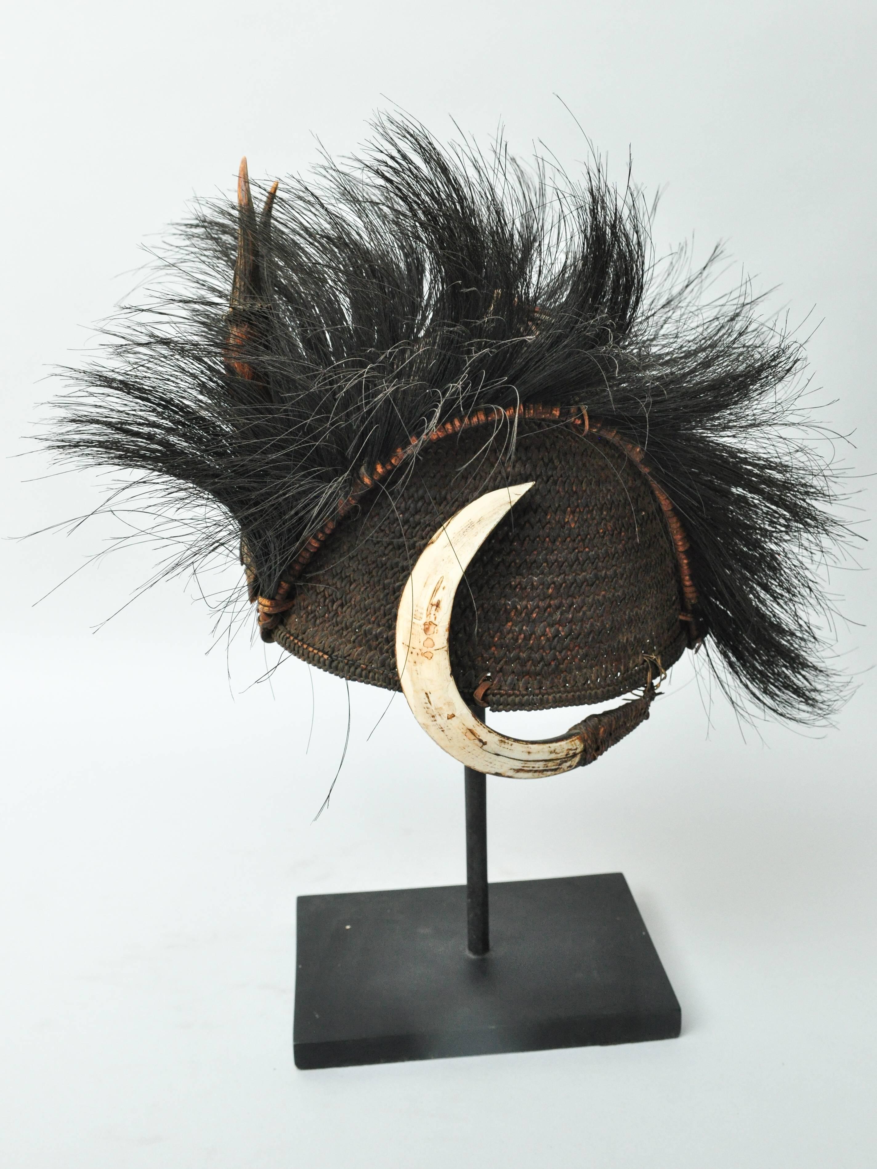 Hand-Woven Rattan Hat with Boar Tusk Goat Hair & Antler, Konyak Naga, Mid-20th Century