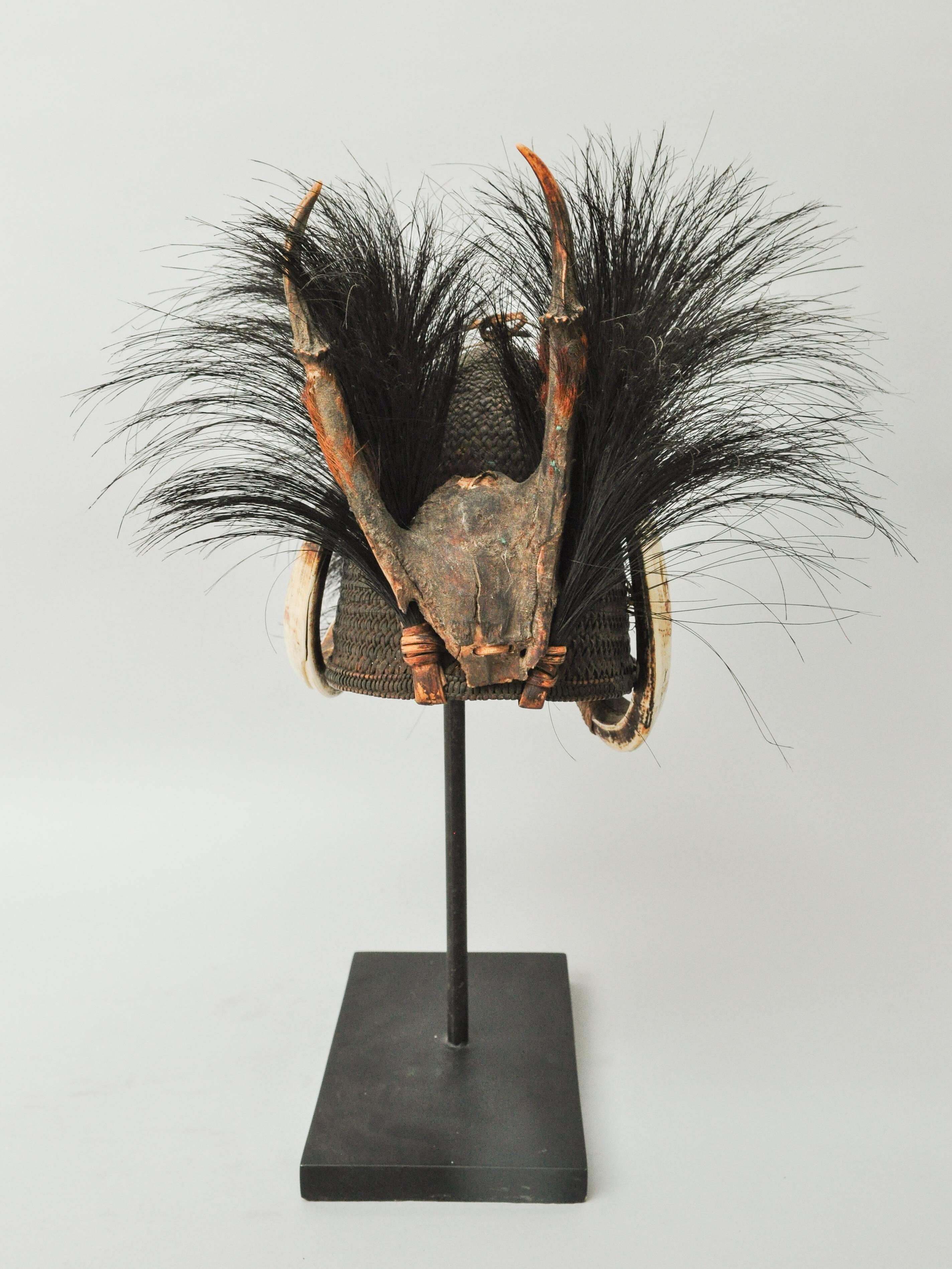 Tribal Rattan Hat with Boar Tusk Goat Hair & Antler, Konyak Naga, Mid-20th Century