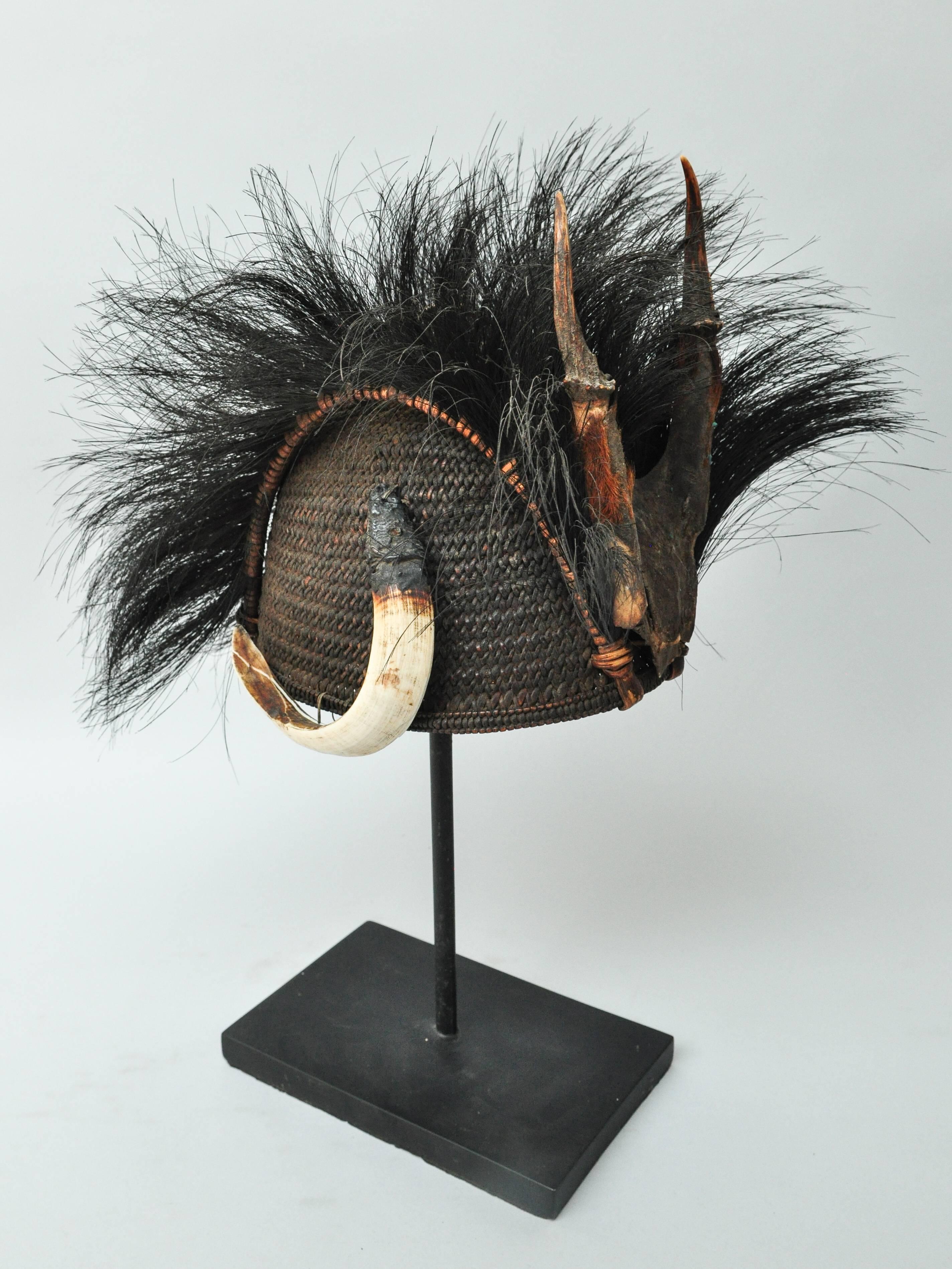 Indian Rattan Hat with Boar Tusk Goat Hair & Antler, Konyak Naga, Mid-20th Century