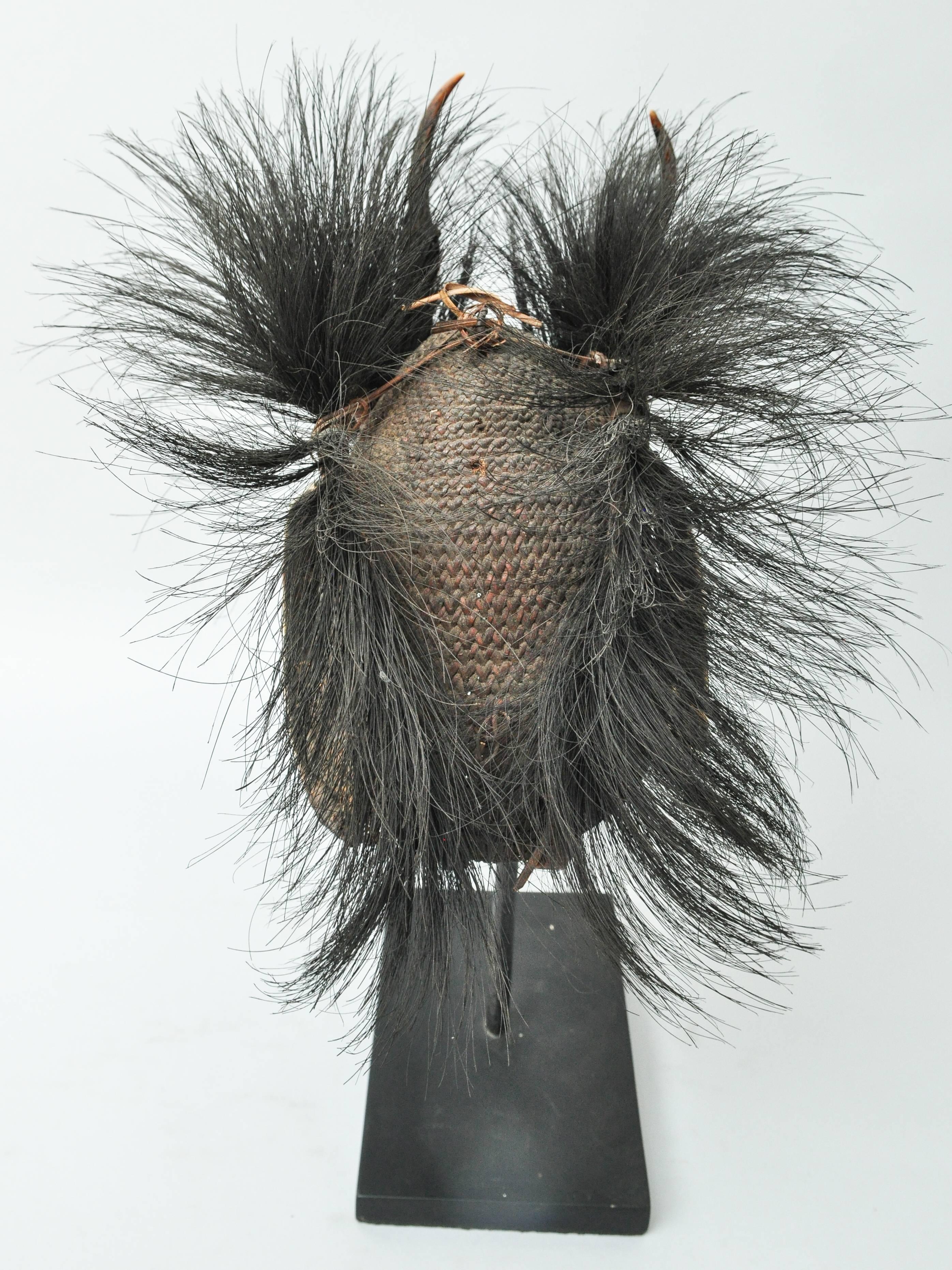 Rattan Hat with Boar Tusk Goat Hair & Antler, Konyak Naga, Mid-20th Century In Good Condition In Point Richmond, CA