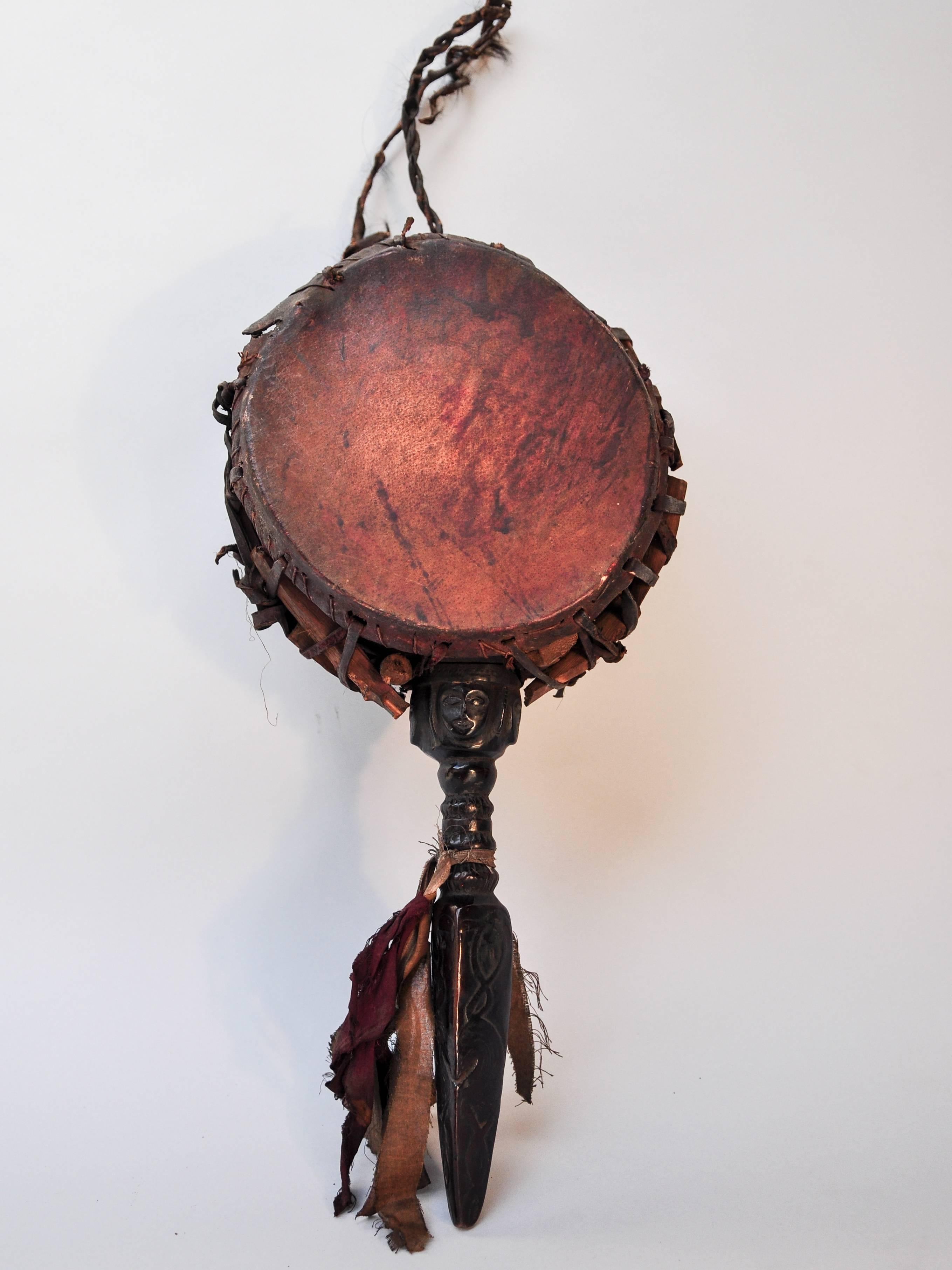 Shaman Drum with Carved Wooden Handle, Nepal Himalaya, Mid-20th Century In Good Condition In Point Richmond, CA