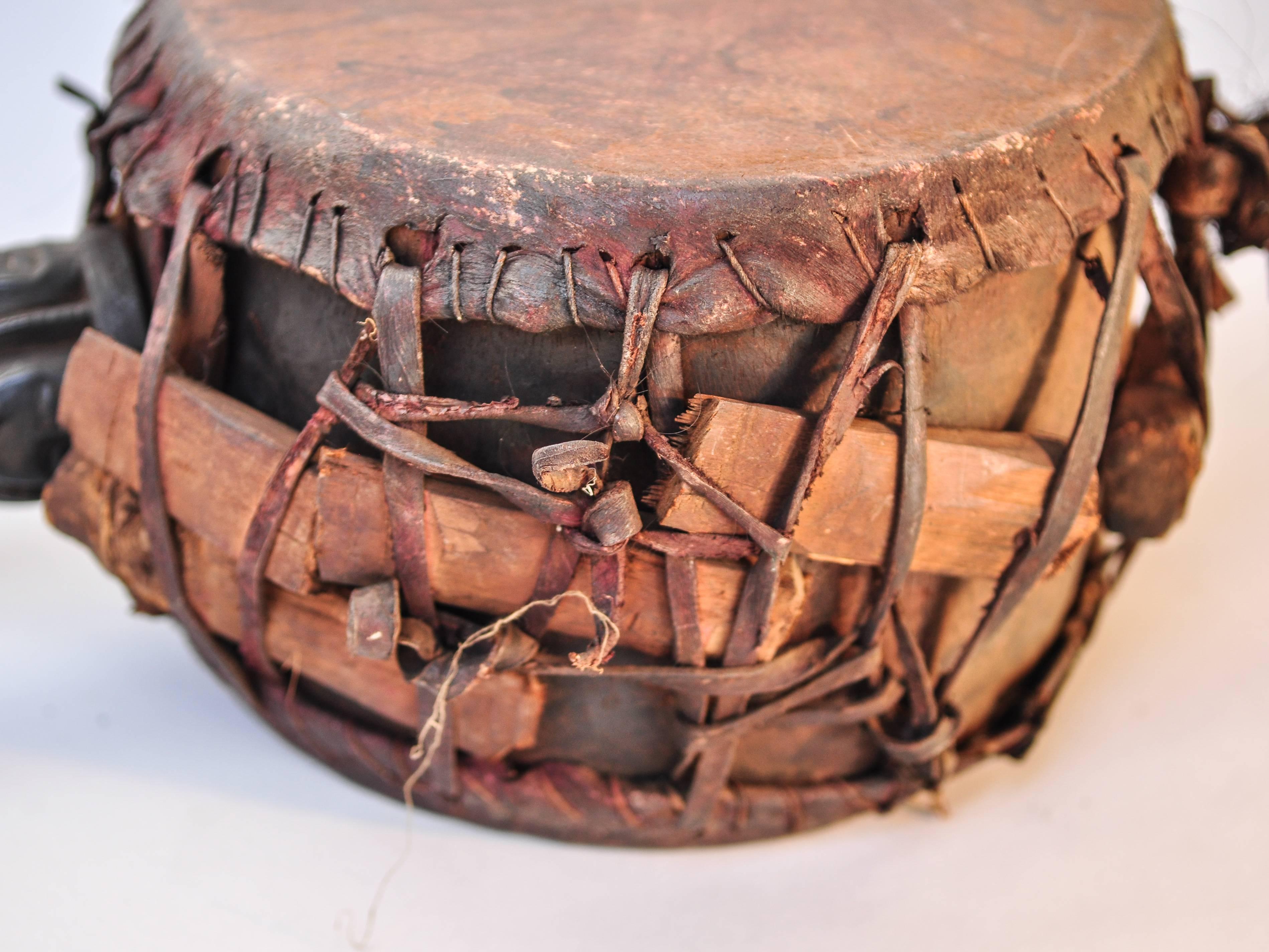 Hide Shaman Drum with Carved Wooden Handle, Nepal Himalaya, Mid-20th Century
