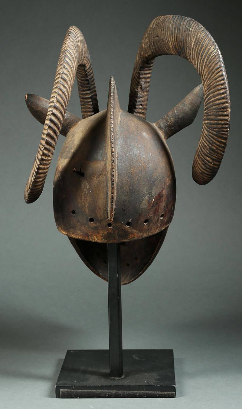 Hand-Carved African Bobo ‘Burkina Faso’ Large Tribal Ram Helmet Mask with Curved Horns