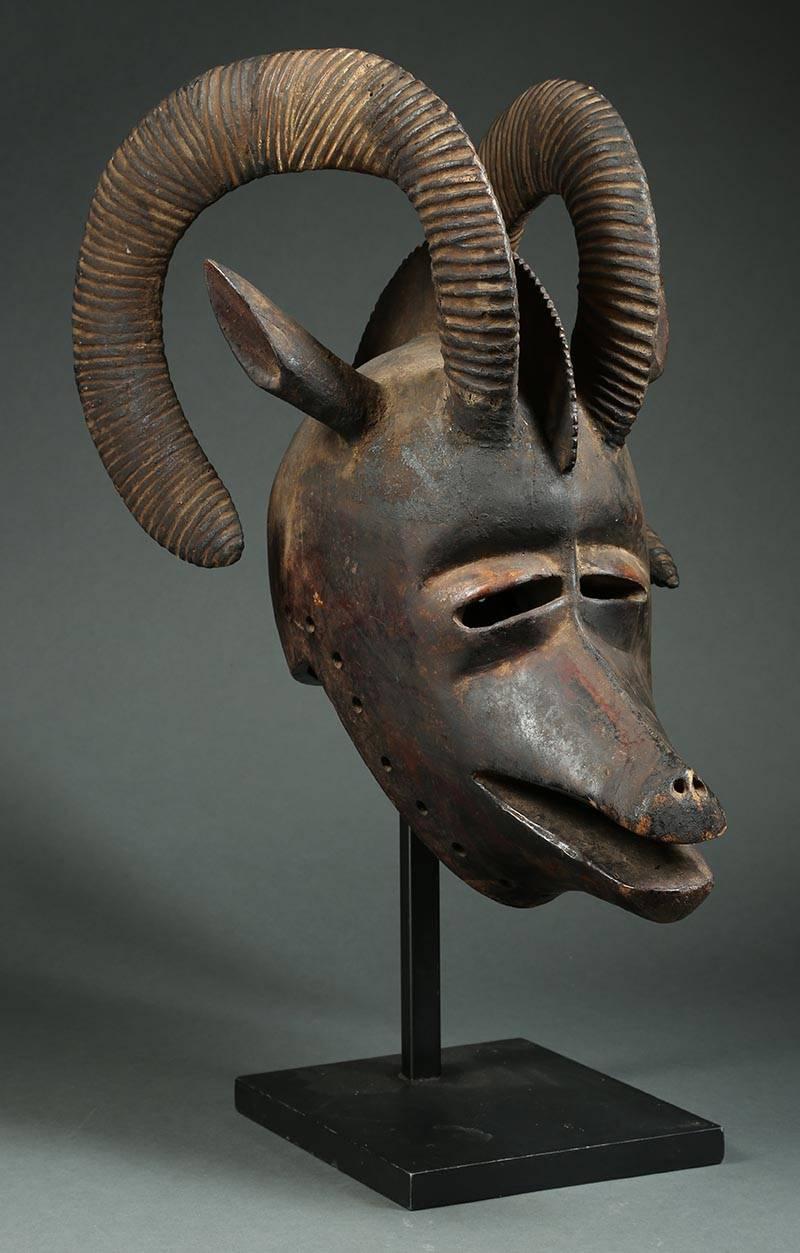20th Century African Bobo ‘Burkina Faso’ Large Tribal Ram Helmet Mask with Curved Horns
