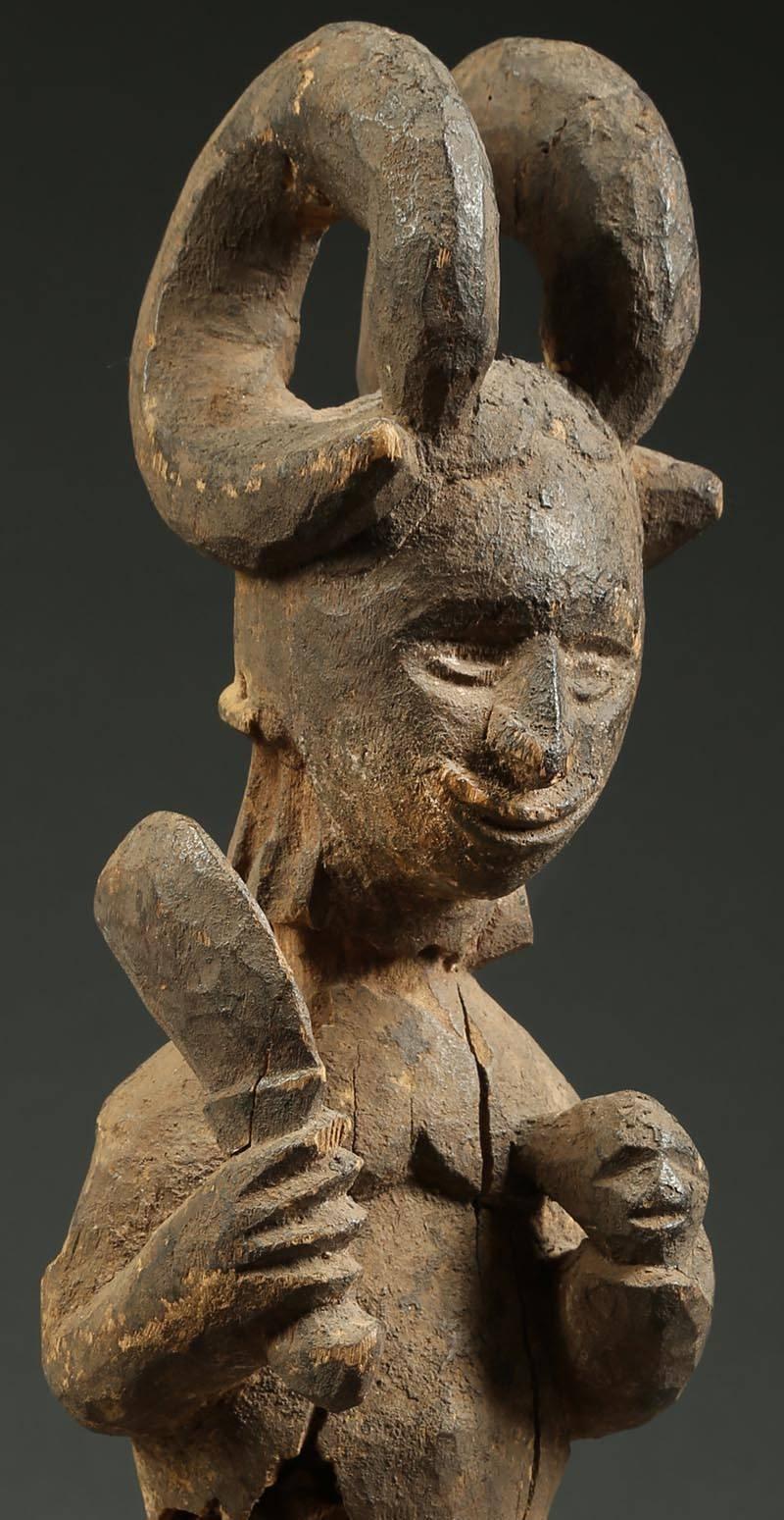 Wood Igbo Tribal Seated Ikenga Figure with Sword and Head Africa, Nigeria