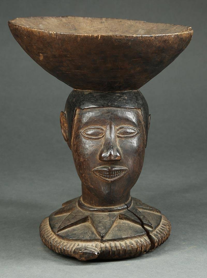 Guinean Baga Wood Offering Bowl, Tribal Altar Piece with Head and Snake, Africa, Guinea