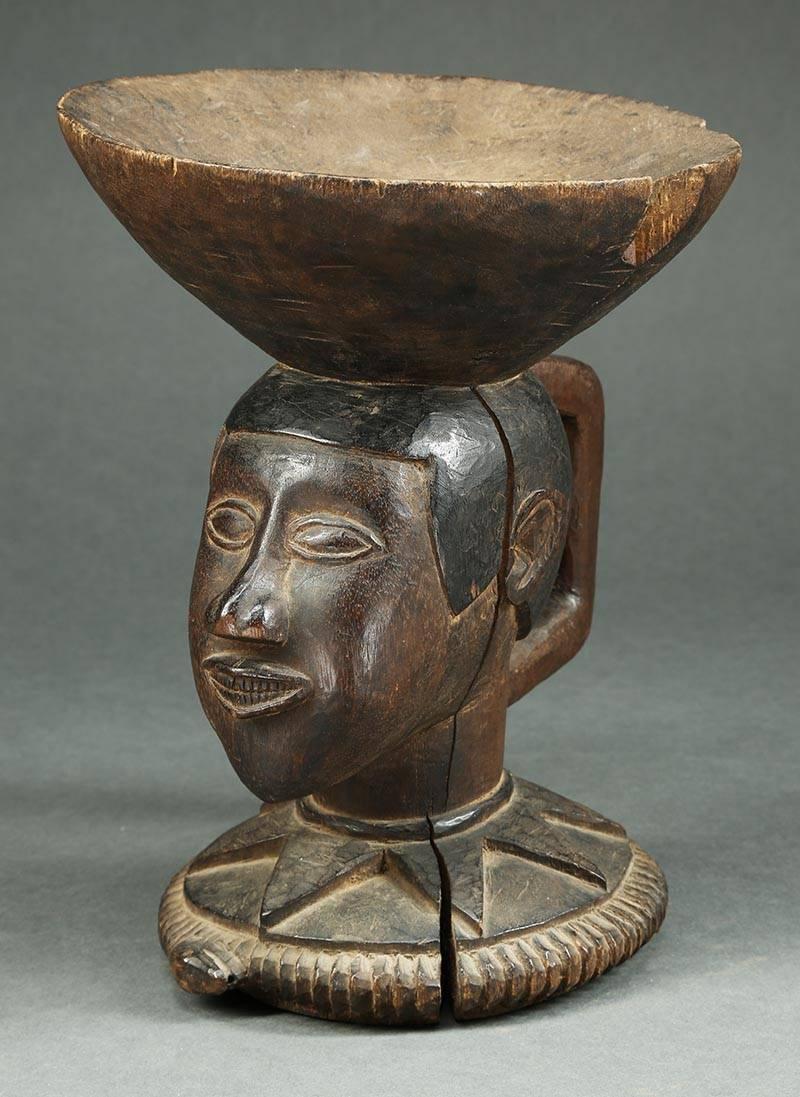 Hand-Carved Baga Wood Offering Bowl, Tribal Altar Piece with Head and Snake, Africa, Guinea