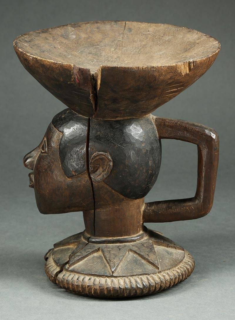 20th Century Baga Wood Offering Bowl, Tribal Altar Piece with Head and Snake, Africa, Guinea