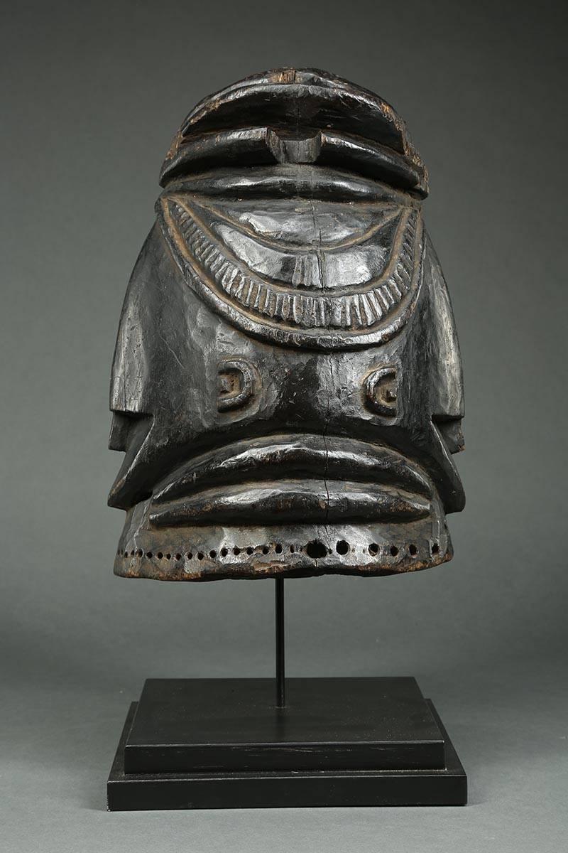 Hand-Carved Tribal African Mende Bundu Helmet Janus 'Two Face' Wood Mask, Early 20th Century