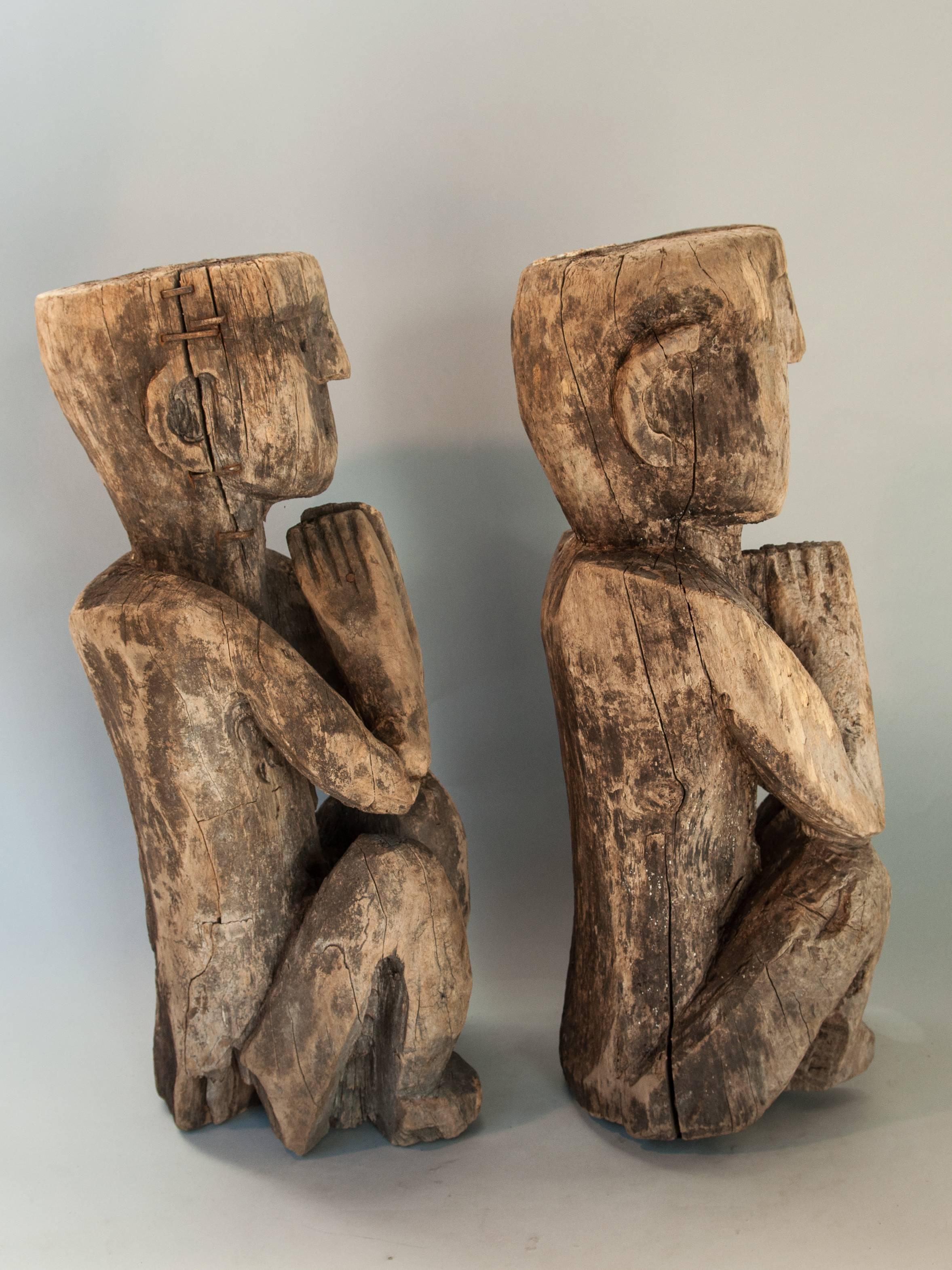 Hand-Carved Pair of Wooden Tribal Statues from West Nepal, Ancestor Couple, Mid-20th Century