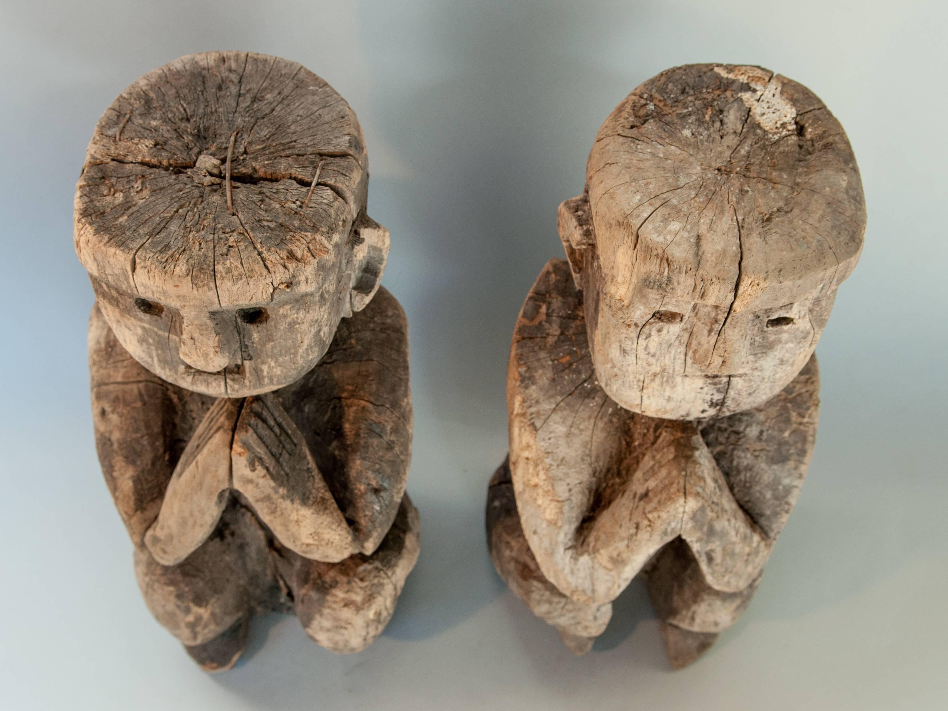 Pair of Wooden Tribal Statues from West Nepal, Ancestor Couple, Mid-20th Century In Distressed Condition In Point Richmond, CA