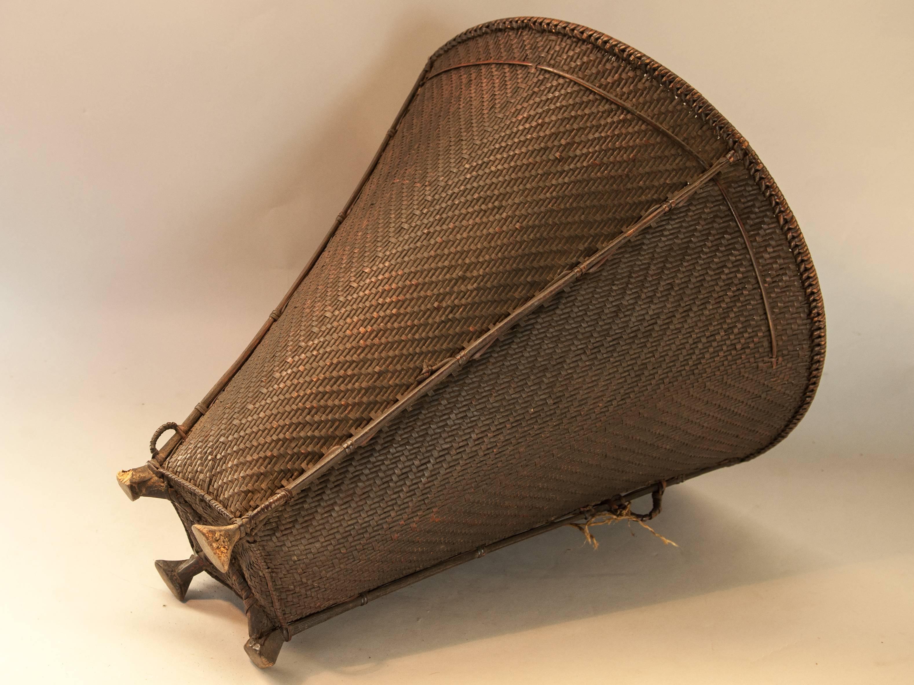 Indian Tribal Carrying Basket with Wooden Feet Naga of Ne India, Mid-20th Century