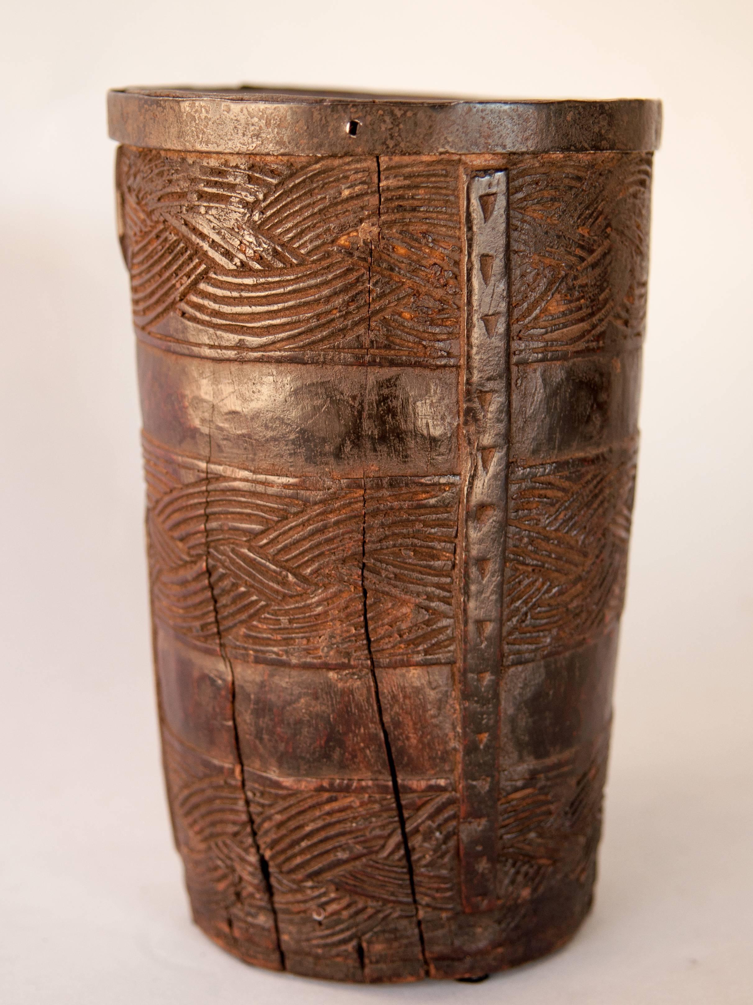 Wooden Carved Milk Pot with Stylized Monkey Motif. Late 20th Century. West Nepal 1