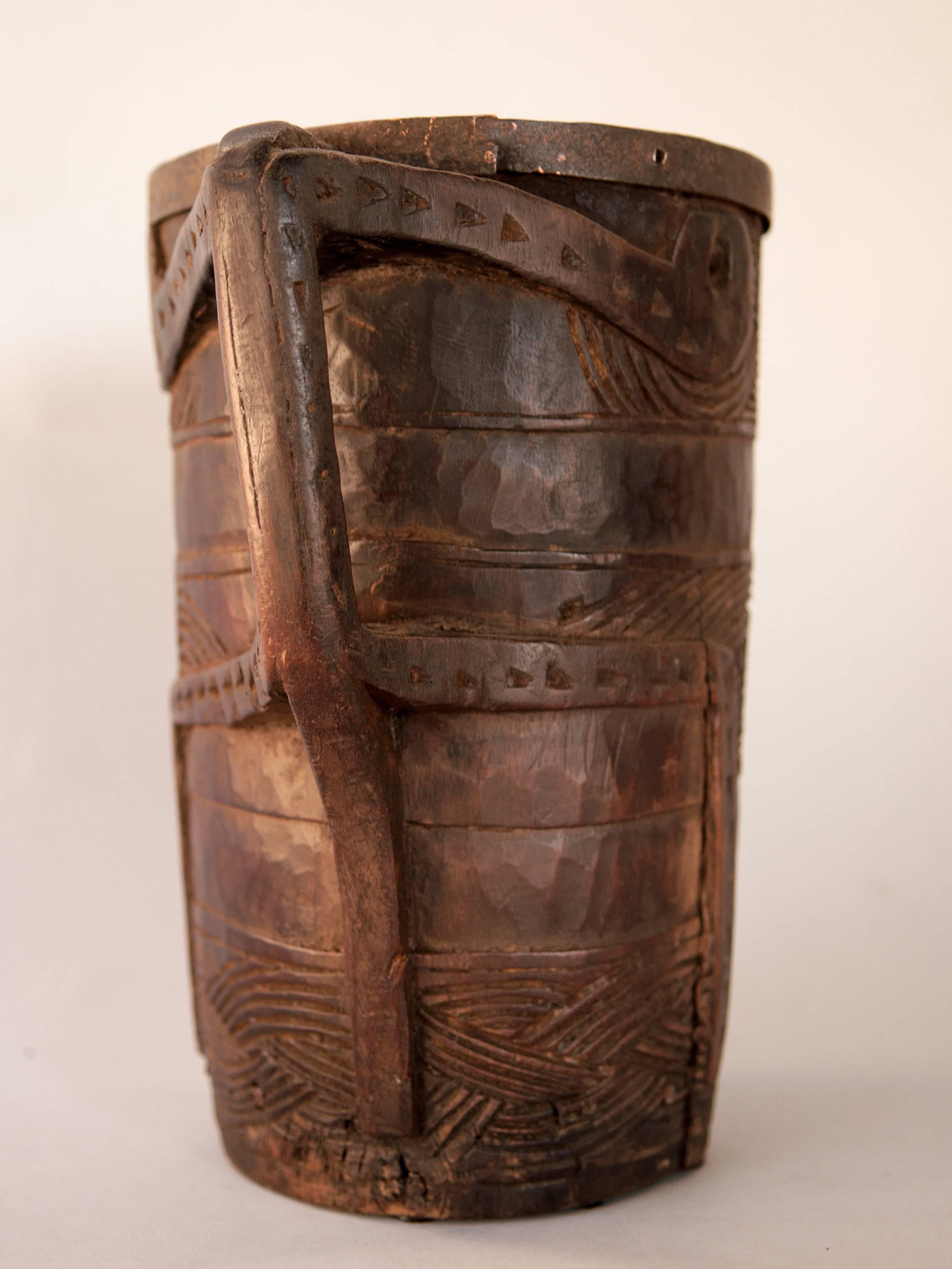 Wooden Carved Milk Pot with Stylized Monkey Motif. Late 20th Century. West Nepal 2