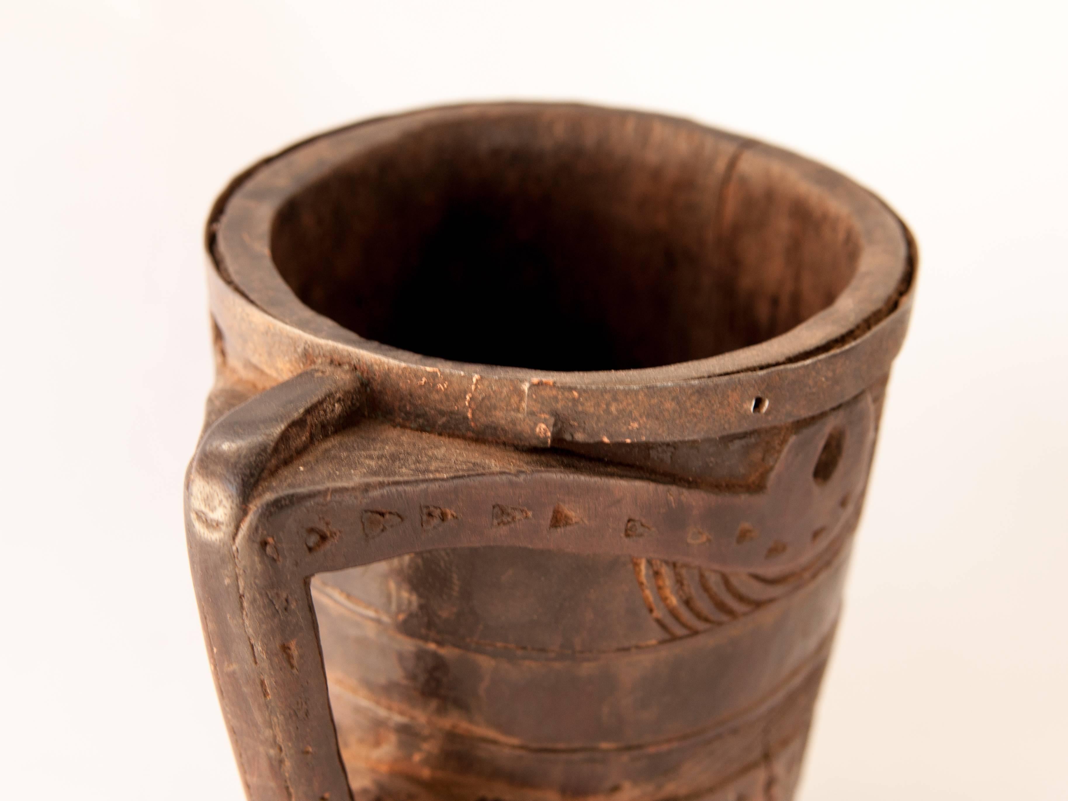 Wooden Carved Milk Pot with Stylized Monkey Motif. Late 20th Century. West Nepal 3