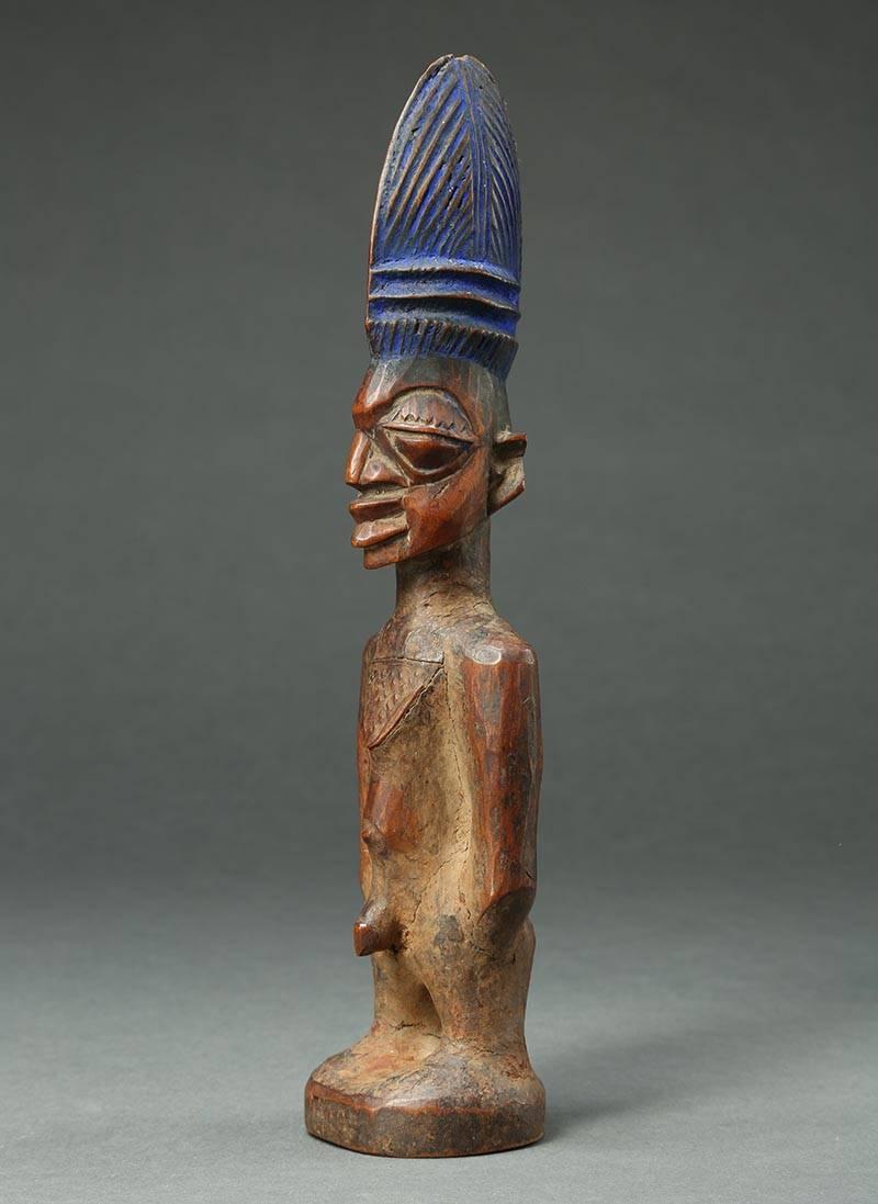 Hand-Carved Yoruba Male Twin Figure, Ere Ibeji, Nigeria, African Tribal Art Tall Hair