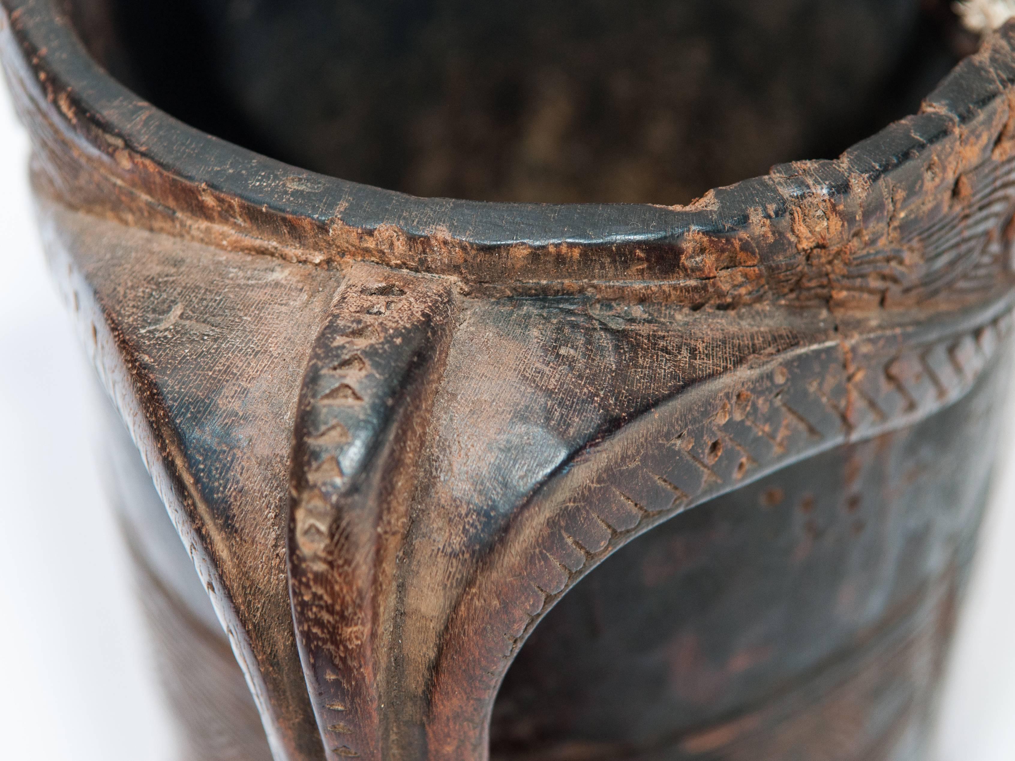 Wooden Carved Milk Pot Stylized Monkey Motif. Mid-Late 20th Century. West Nepal. 1