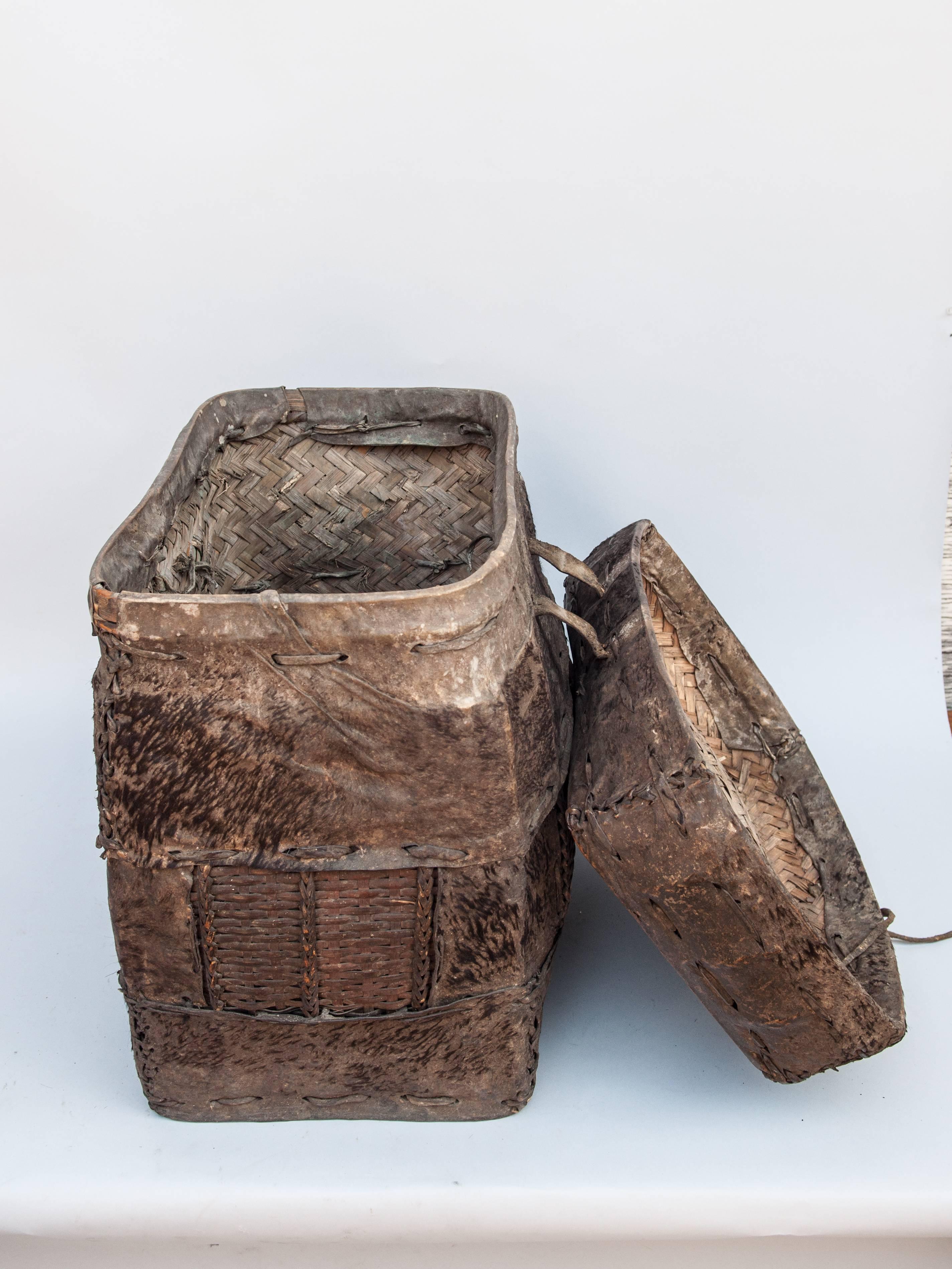 Tribal Storage Basket with Lid. Bhutan. Early to Mid-20th Century. Hide & Bamboo 1