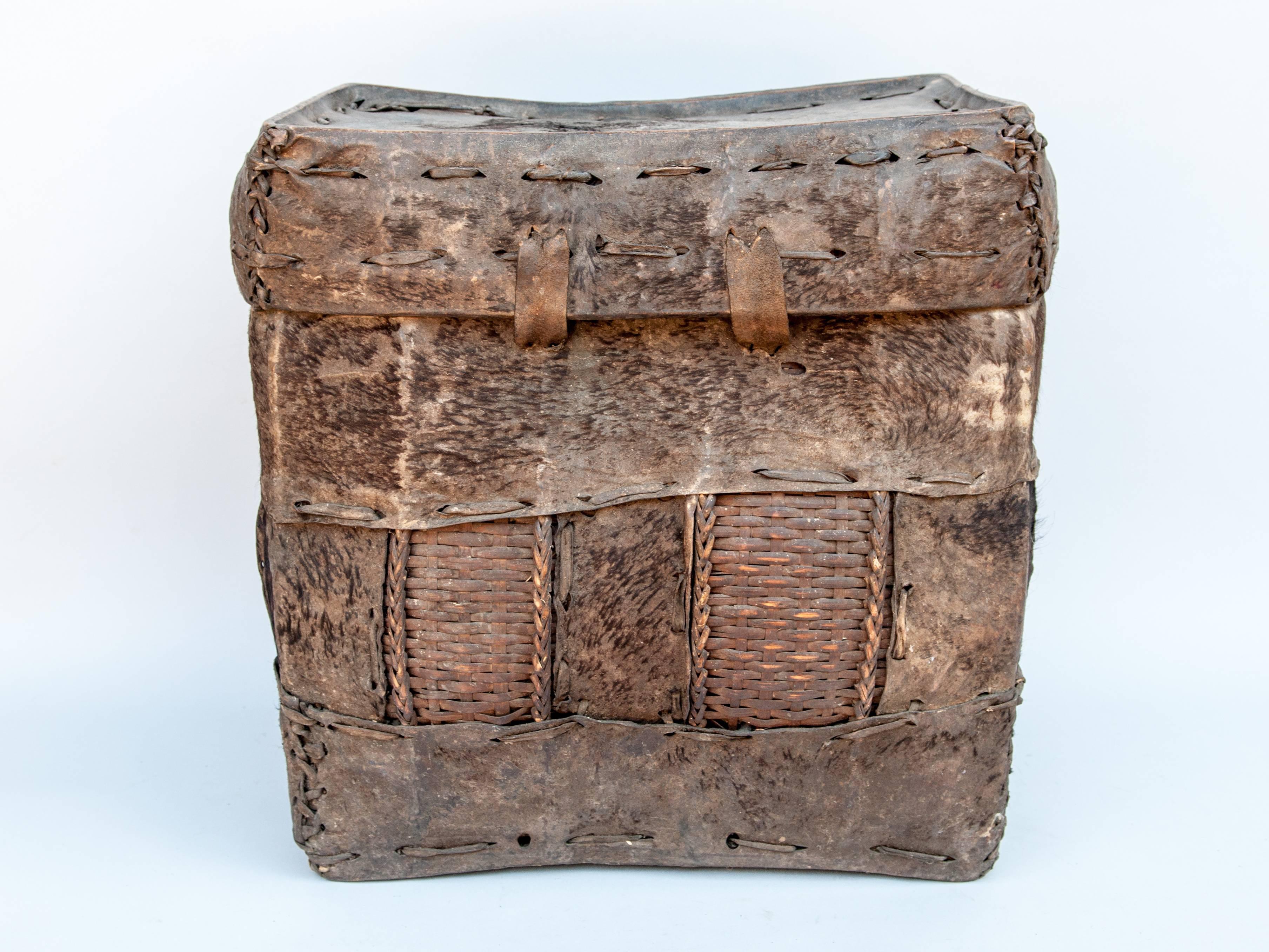 Bhutanese Tribal Storage Basket with Lid. Bhutan. Early to Mid-20th Century. Hide & Bamboo