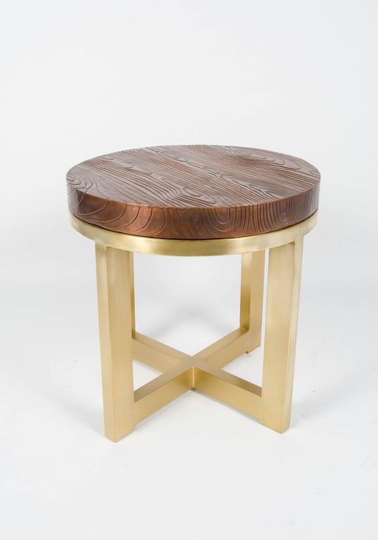 Copper Wood Grain Top With Br Base Side Table By Rober Kuo Wood Grain Design Copper Top Br Base Antique Finish Hand Repoussé