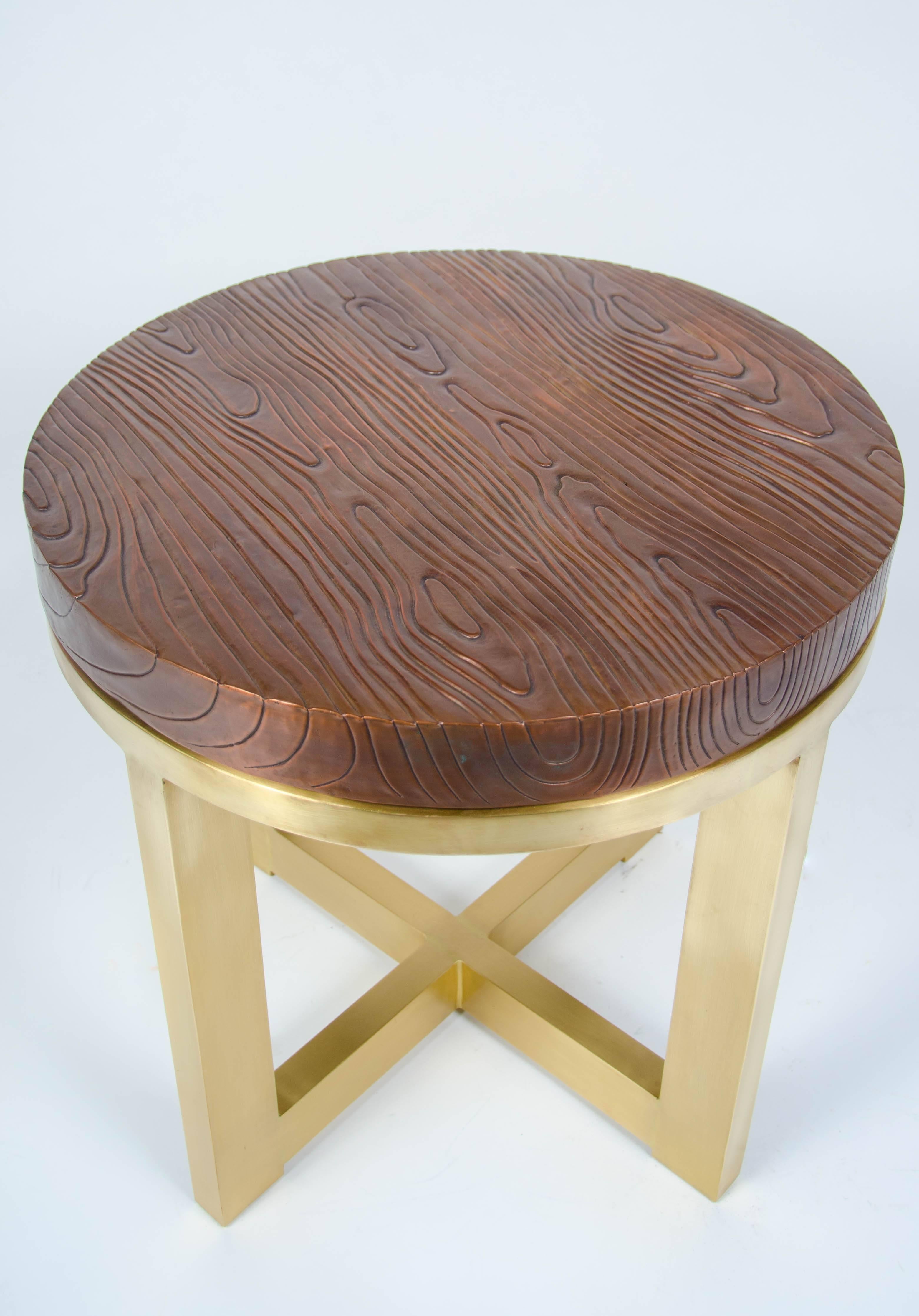 Modern Copper Wood Grain Top with Brass Base Side Table by Rober Kuo, Limited Edition For Sale