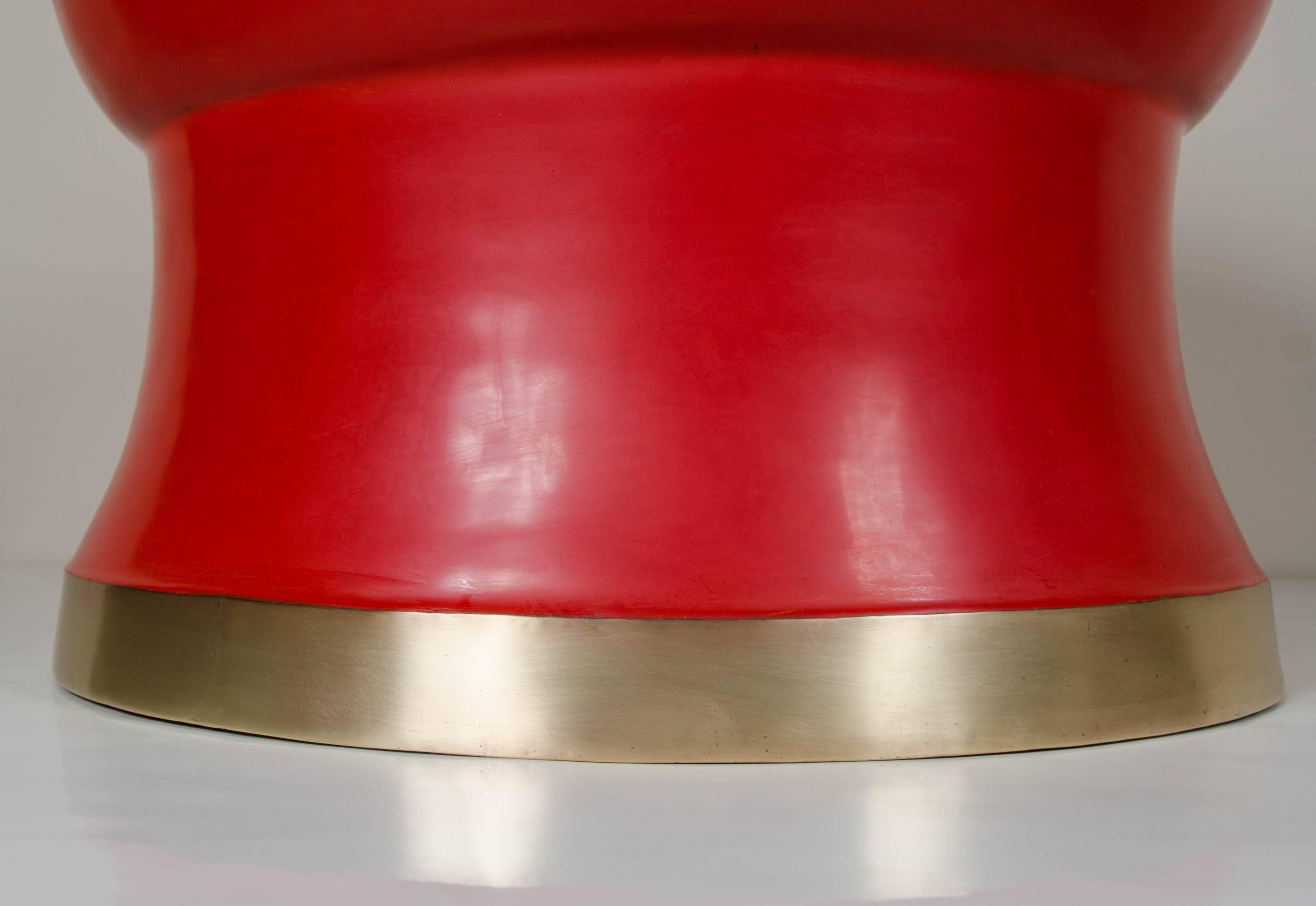 Asian Dian Drum Stool with Brass Trim, Red Lacquer, Limited Edition