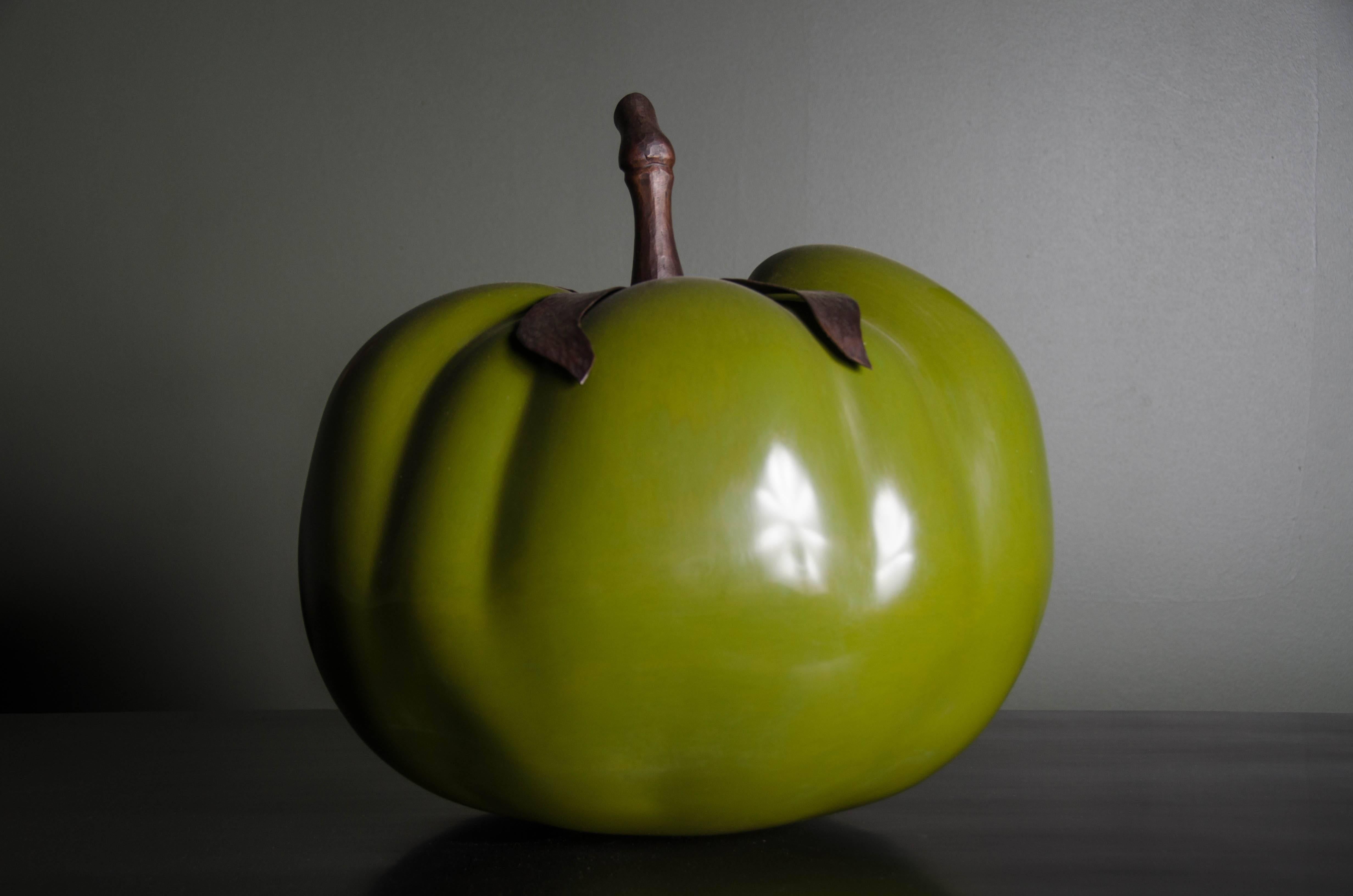 Modern Tomato with Copper Stem, Moss Green Lacquer, Antique Copper, Limited Edition