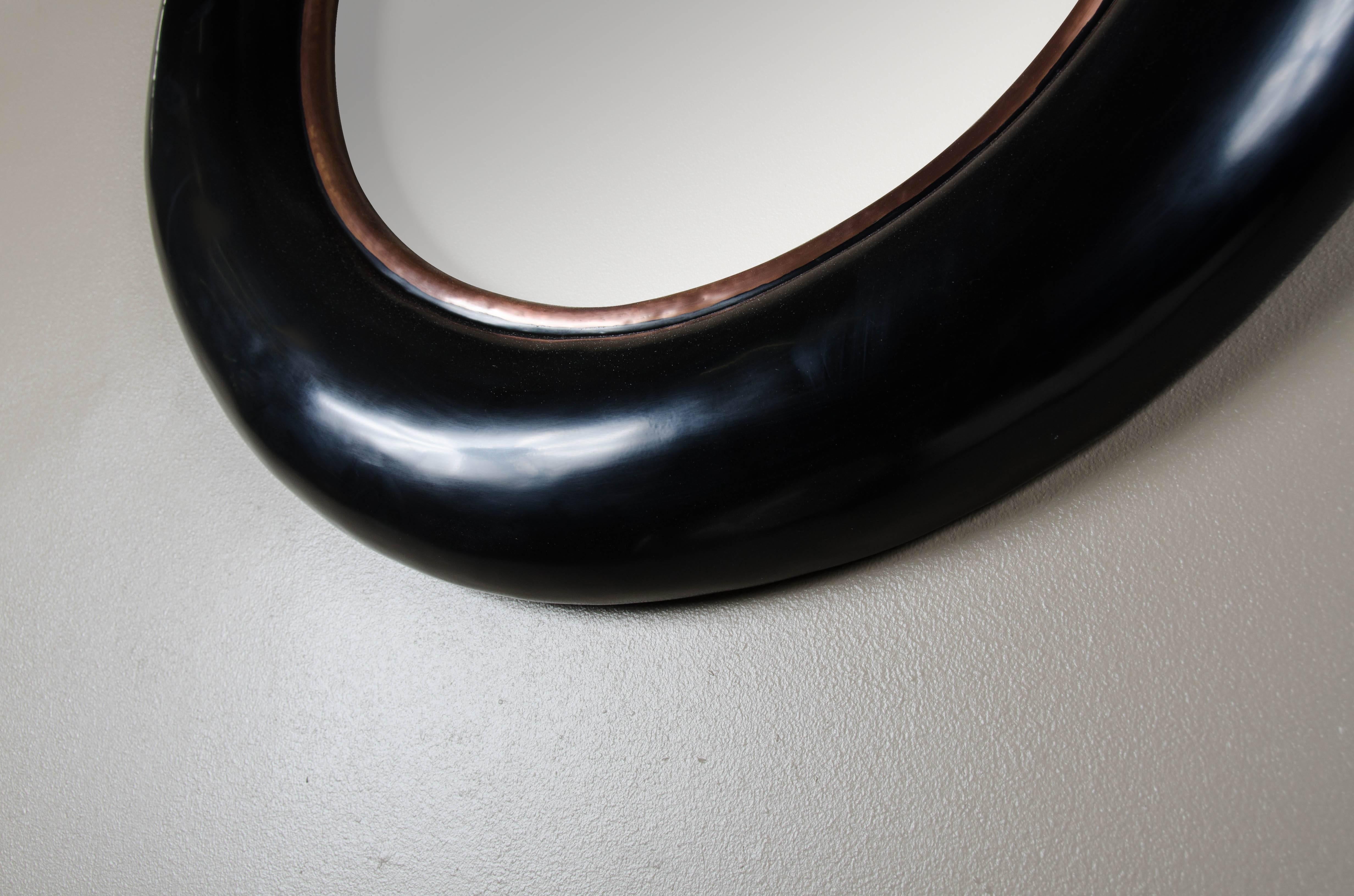 Repoussé Rounded Mirror with Copper Trim by Robert Kuo, Black Lacquer, Limited Edition