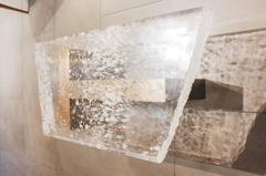 "T" Table Brass Base with One of a Kind Crystal Ice Edge Top by Robert Kuo