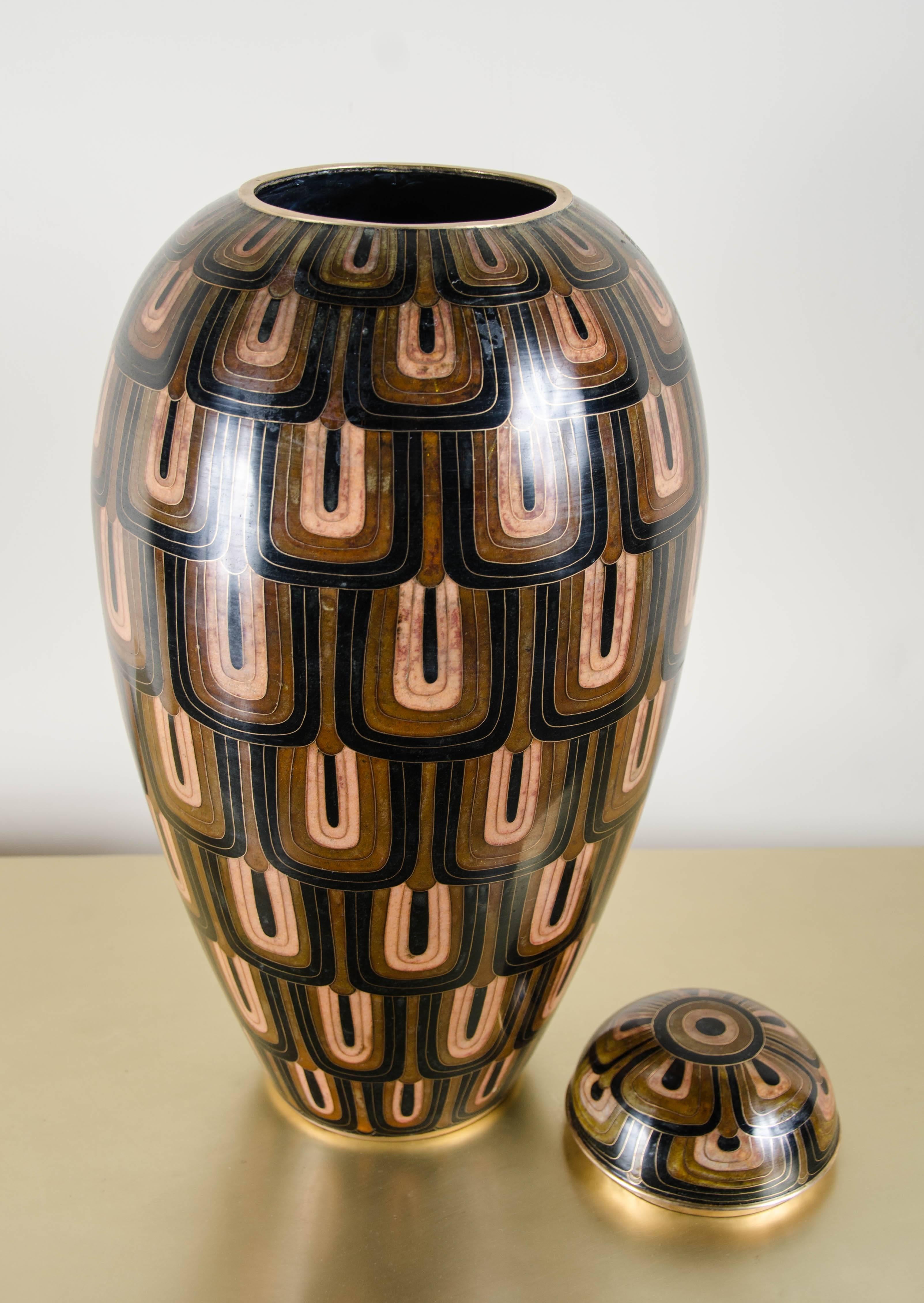 Cloissoné Baluster Jar & Lid, Fish Scale Design by Robert Kuo, Limited Edition Cloisonné For Sale